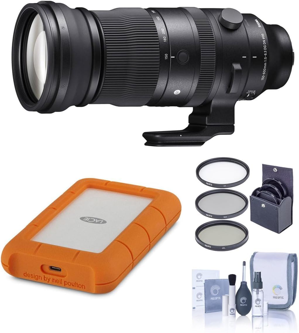 Sigma 150-600mm f/5-6.3 DG DN OS Sports Lens, Sony E, Bundle with 5TB USB-C Hard Drive, 95mm Filter Kit and Cleaning Kit