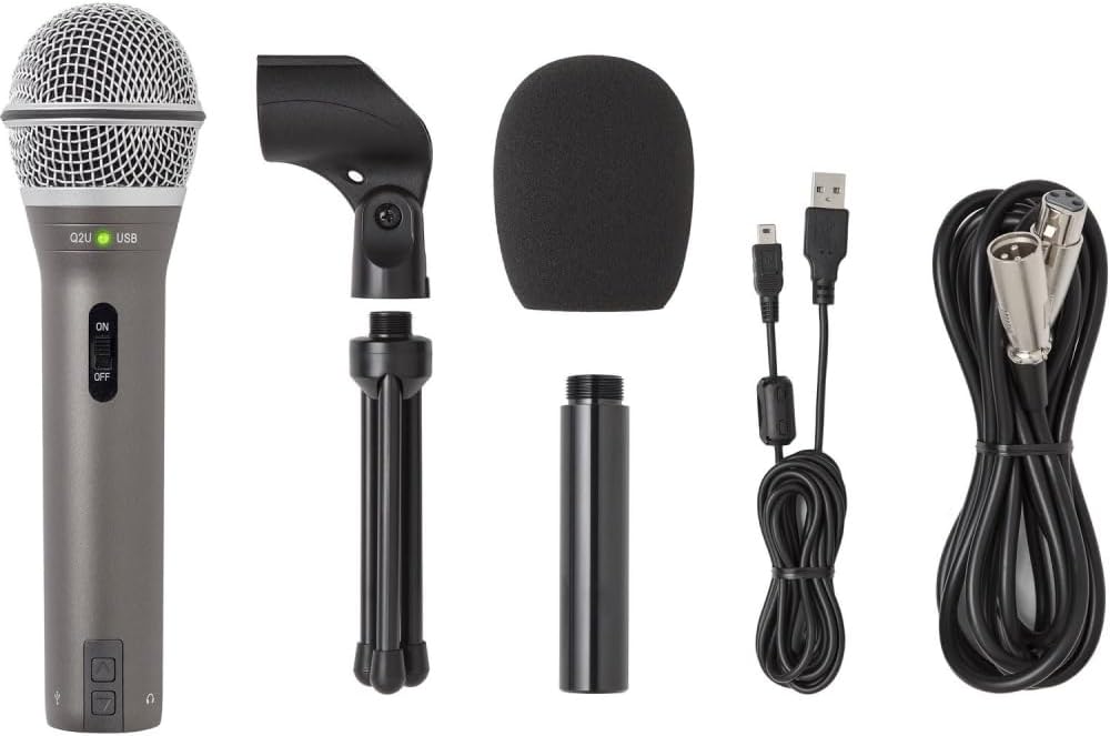 SAMSON Q2U Recording & Podcasting Pack | Gray Bundled with Pop Filter + Mic Arm + Microfiber Cleaning Cloth (4 Items)