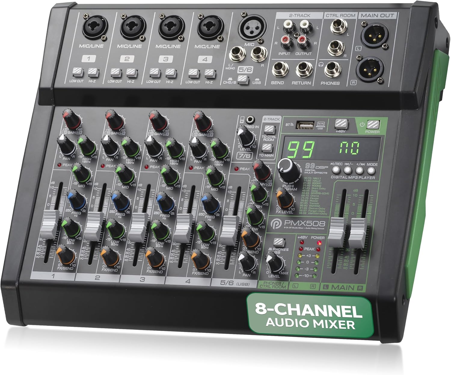 Pyle 8-Channel Audio Mixer, Bluetooth Studio Mixer/DJ Controller with Digital Effects, USB Interface, MP3 Compatible, XLR Inputs and LED Display, Audio Mixing Sound board System 10”x11”x3” inches