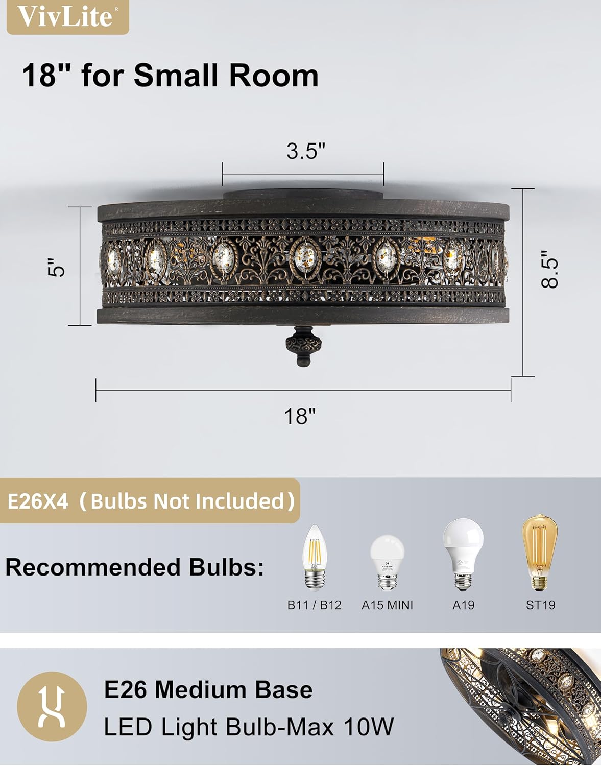 Caged Ceiling Fans with Lights,Vintage Victorian Rustic Crystal Fandelier,Low Profile Flush Mount,Small Enclosed Bladeless Ceiling Fan with Light for Bedroom,Kitchen,Living Room,Dining Room