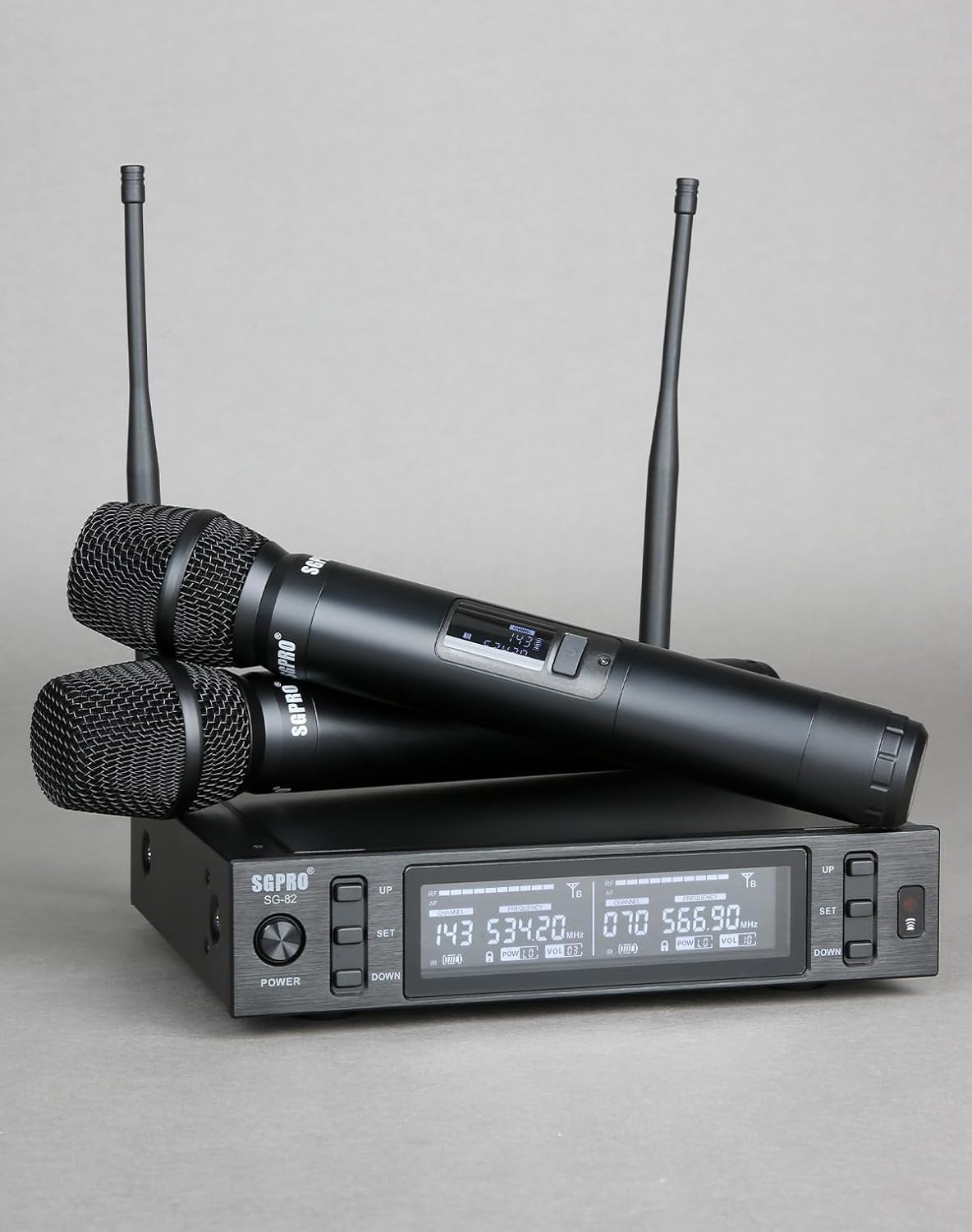 Dual Wireless Microphone System - Metal Handheld Mics & Receiver, Adjustable UHF Channels 520-590 MHz Range, Antenna Diversity, Ideal for Professional Audio and Events