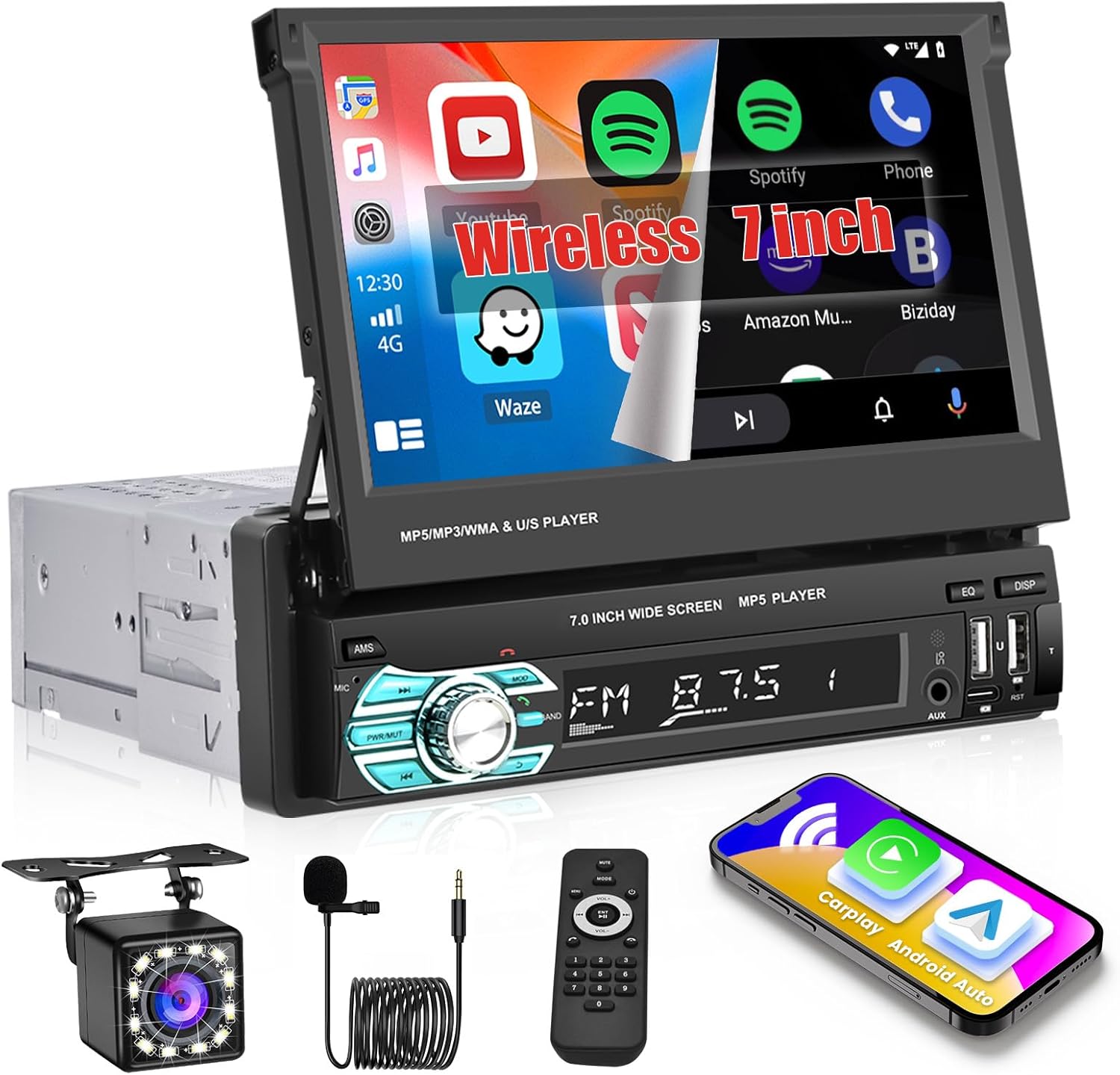 Hikity 7 Inch Single Din Carplay Stereo Flip Out Touch Screen Car Radio with Wireless Carplay Android Auto, Support USB/TF/AUX/MIC, Bluetooth 5.1, Mirror Link, Backup Camera, FM, SWC, Video Playback