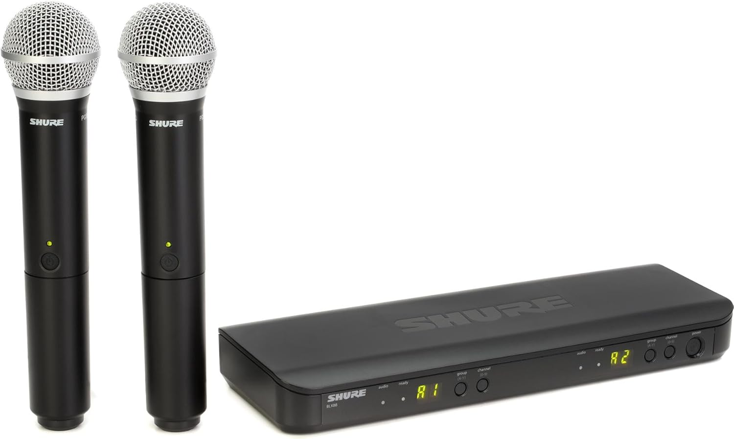 Shure BLX288/PG58 Dual Channel Wireless Handheld Microphone System H10 Band with Tripod Stands – Professional Audio for Live Performances, Events, and Presentations