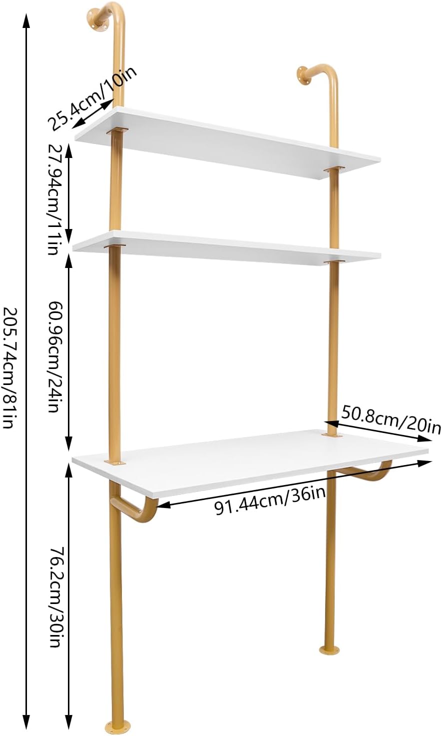 3 Tiers Wall Mounted Ladder Style Computer Laptop Desk, Industrial Wall Mount Desk with Shelves & Power Strip as Work Platform, Desk 36 x 20 Inch (Gold + White)