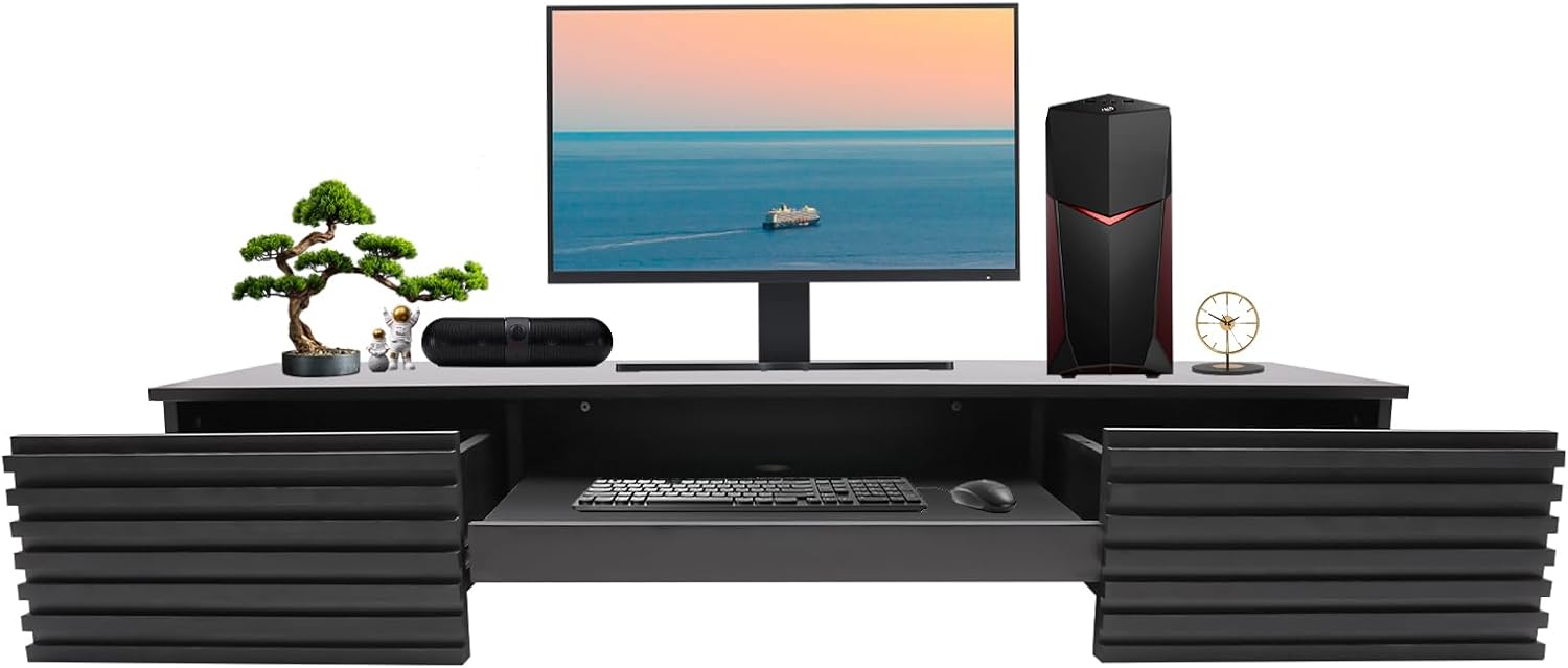Wall Mounted Desk,Floating Wall Desk,Hanging Desk,Wall-Mounted Computer Table Desk,Floating Computer Desk,Floating Shelf with Pull Out Drawer,Wall Organizer for Office Home,Black,60*15.5*9.5in