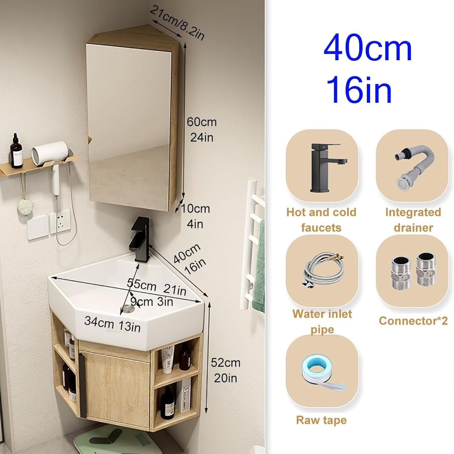 Bathroom Corner Sinks, Wall Mount Ceramic Corner Bathroom Sink, Floating Wash Basin with Cabinet Mirror, Corner Pedestal Sink Bathroom Cabinet(Brown,18inchx45cm)