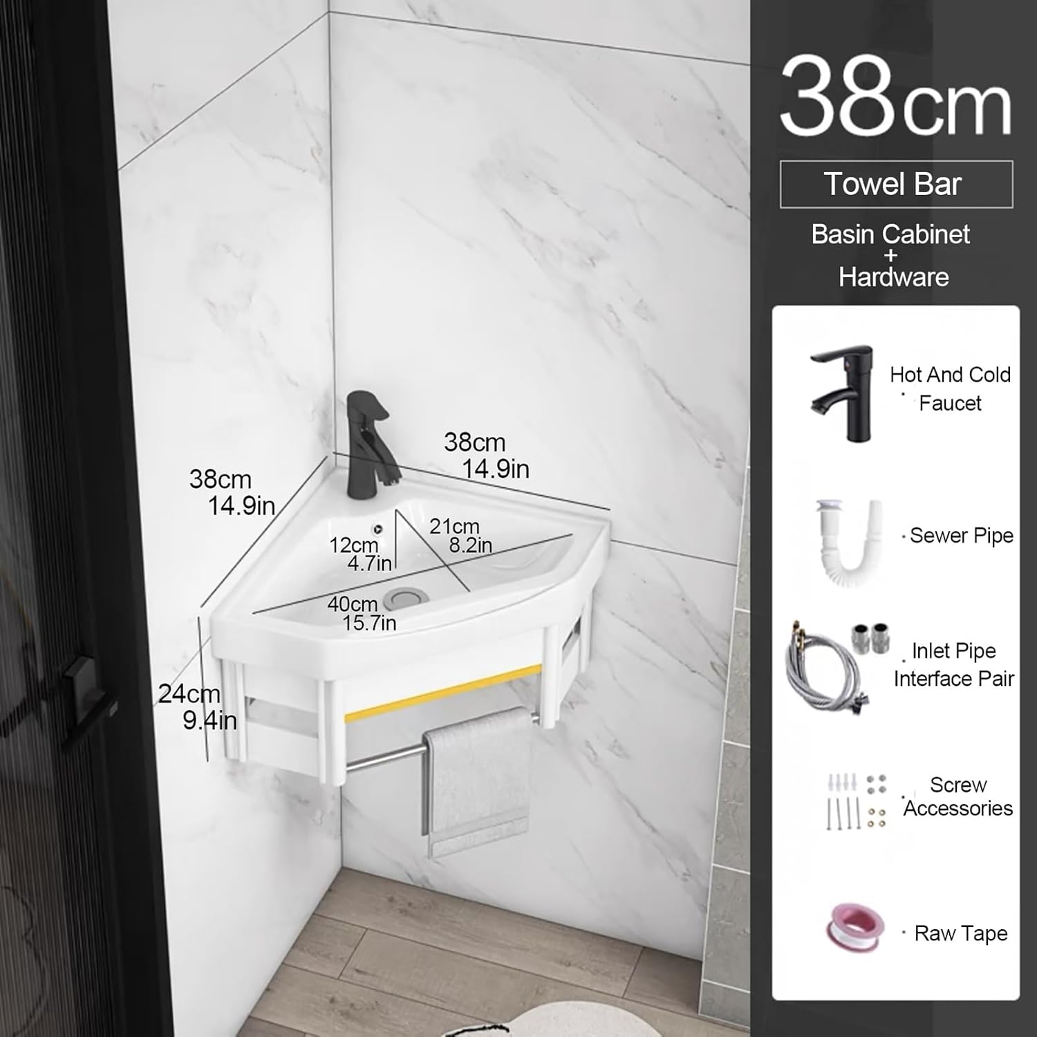 White Vessel Sink, Small Vessel Sink for Bathrooms, Wall Mount Corner Sink, Small Wall Mount Corner Bathroom Sink and Faucet Combo, for Small Space, with Drain, Towel Bar ( Color : A , Size : 38cm/14.