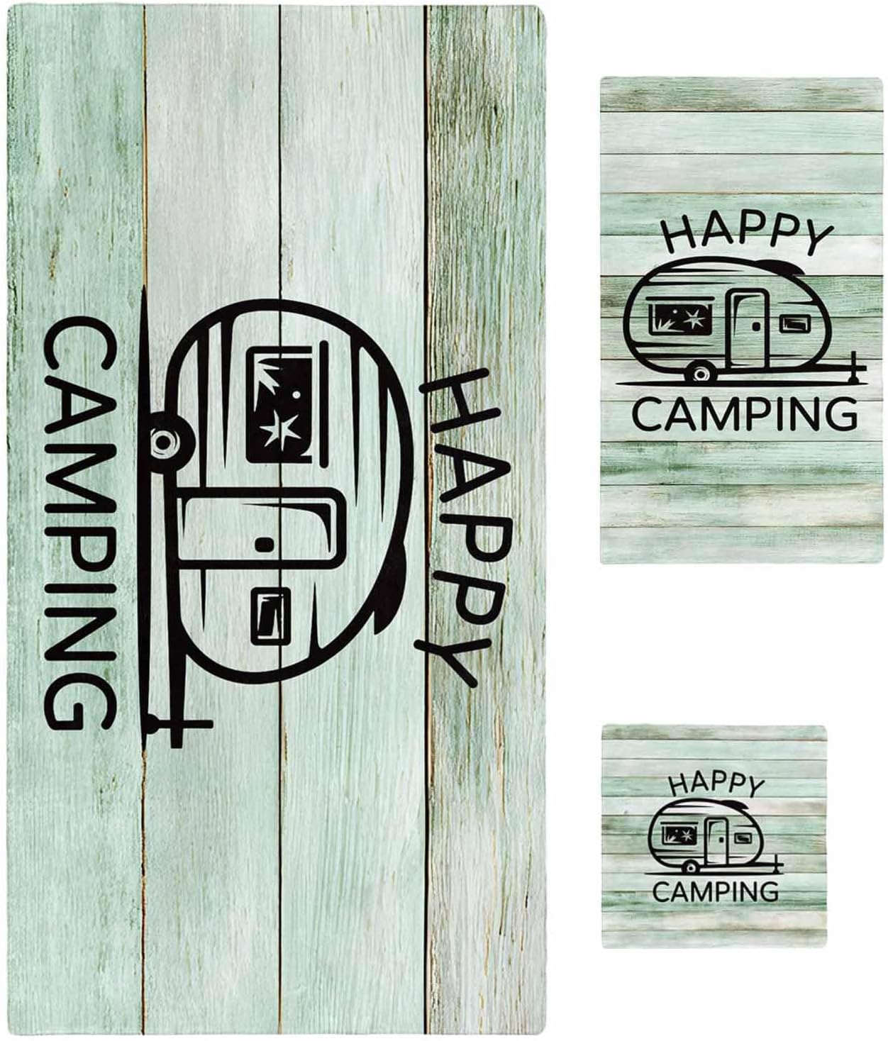Camping Car Bath Towels Set of 3 for Bathroom,Soft Absorbent Shower Beach Hand Face Hair Yoga Workout Gym Towel Dish Wahcloth,Farmhouse Cabin Retro Green Wooden Grain Quick Dry Kitchen Bath Towels+Set