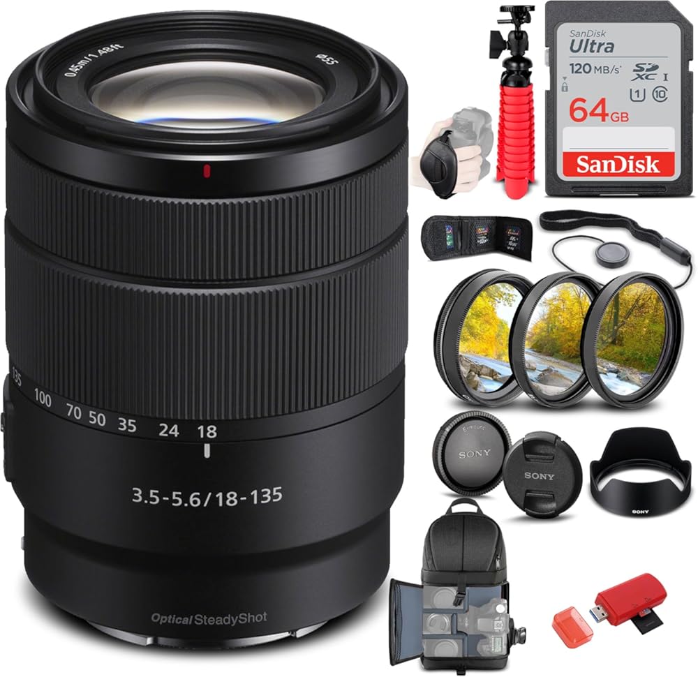 Sony E 18-135mm f/3.5-5.6 OSS Lens (SEL18135) + Filter Kit + Backpack + 64GB Card + Card Reader + Flex Tripod + Memory Wallet + Lens Cap Keeper + Cleaning Kit + Hand Strap + More (Renewed)