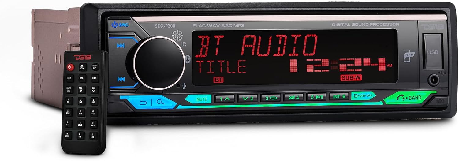 DS18 SDX-P200 Digital Media Receiver Single Din, Car Stereo Radio DSP, High Power 4 x 60 Watts, APP, Bluetooth Audio and Calling, Aux Input, USB, Mechless, AM/FM, 3V + 3.5V Subwoofer