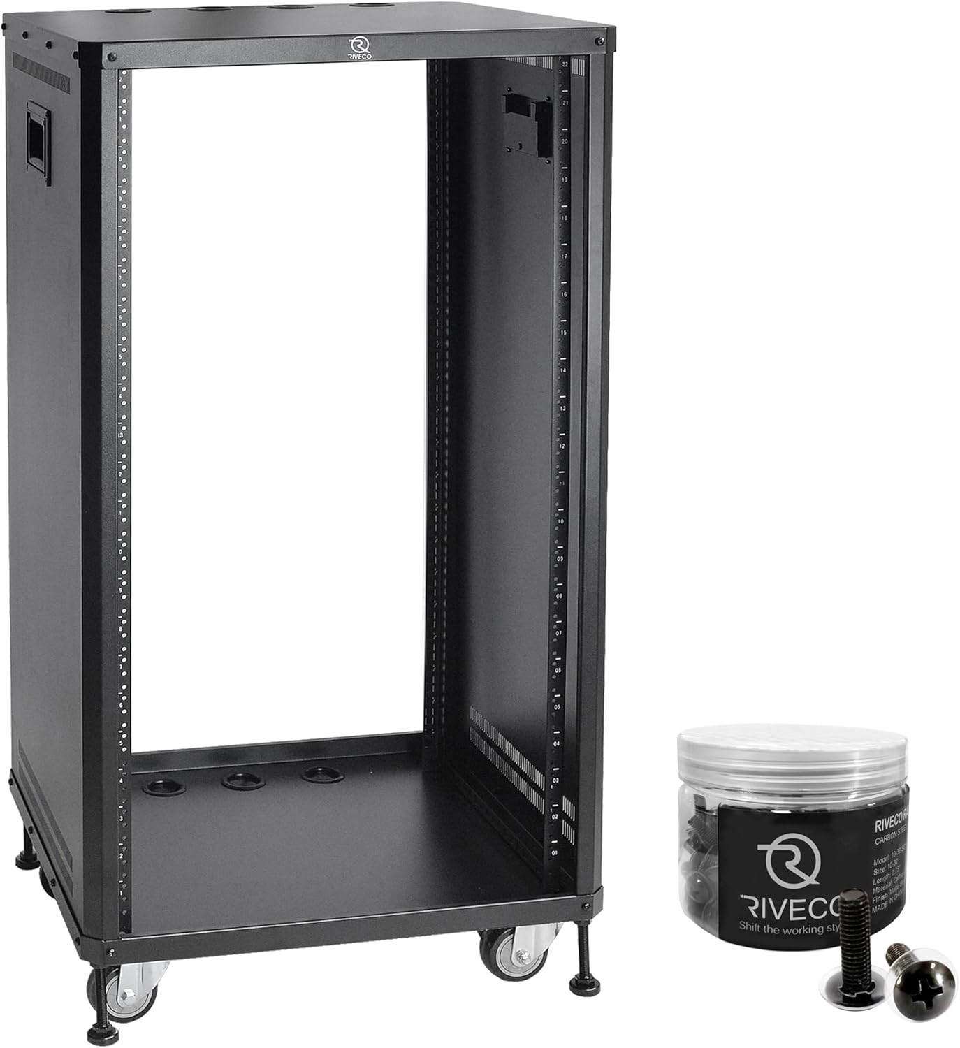 RIVECO 22U Stereo & Studio Rack with Caster Wheels, Rolling Network Cabinet, Open Frame Audio Rack for 19 inches Video Music Recording & IT Equipment, Obtuse Angel & 10-32 Screws 100 PCS