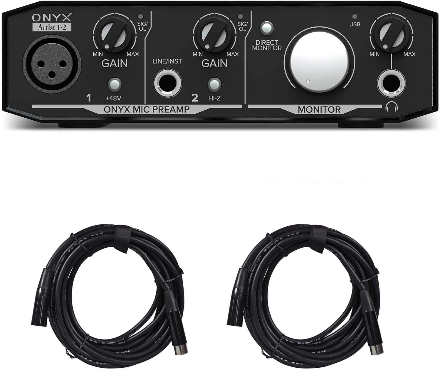 Mackie Onyx Artist 1.2 2x2 USB Audio Recording Studio Interface Bundle with Rockville RCXFM20E-B 20 Foot Female to Male XLR Mic Cable Black 100% Copper