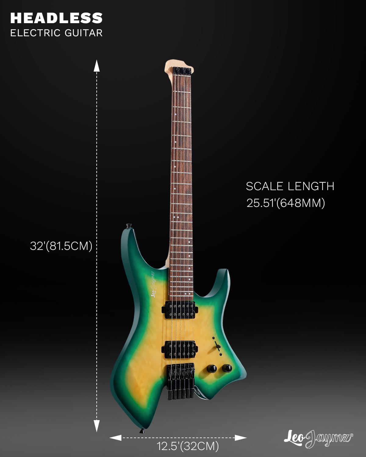 Leo Jaymz Electric Guitar, 6-String, Maple Neck, Headless Design, Right-Handed (Yellow Green Ocean)
