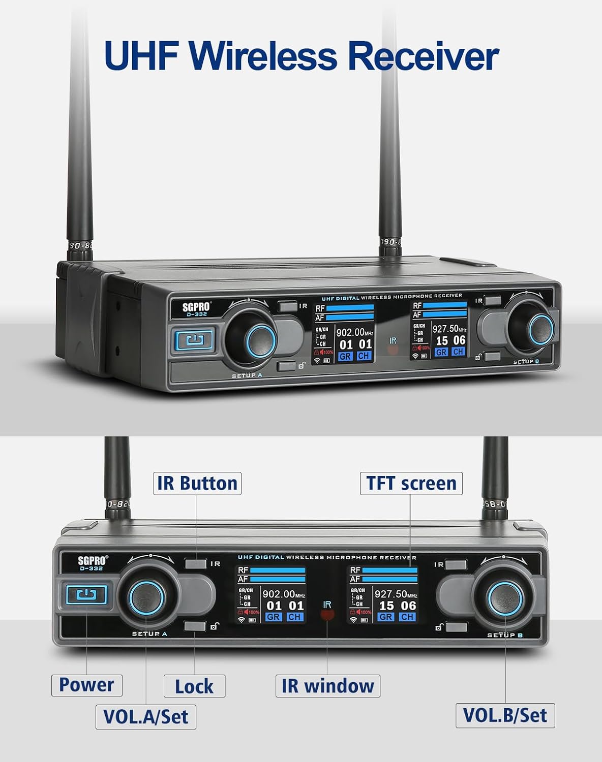 Dual Channel Wireless Microphone System - UHF Handheld, Bodypack, Head-Worn & Lavalier Mics for Live Performance, Karaoke, DJ, Church, Classroom & PA Systems (D-332HB)