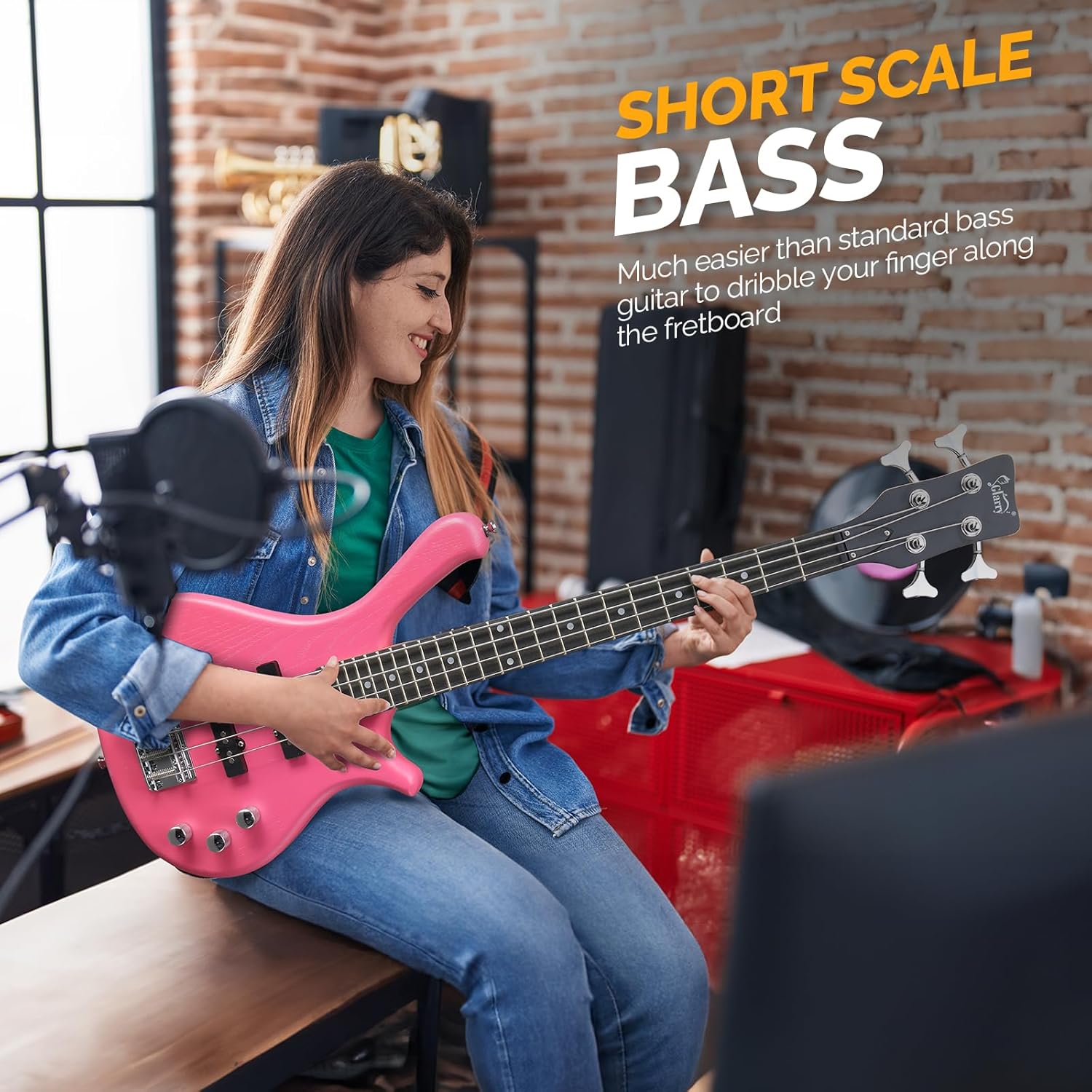 GLARRY 4 String Electric Bass Guitar, 36-inch Bass Guitar Beginner Kit with Cable, Strap and Bag for All Skill Level, Adults,Travel (Pink)