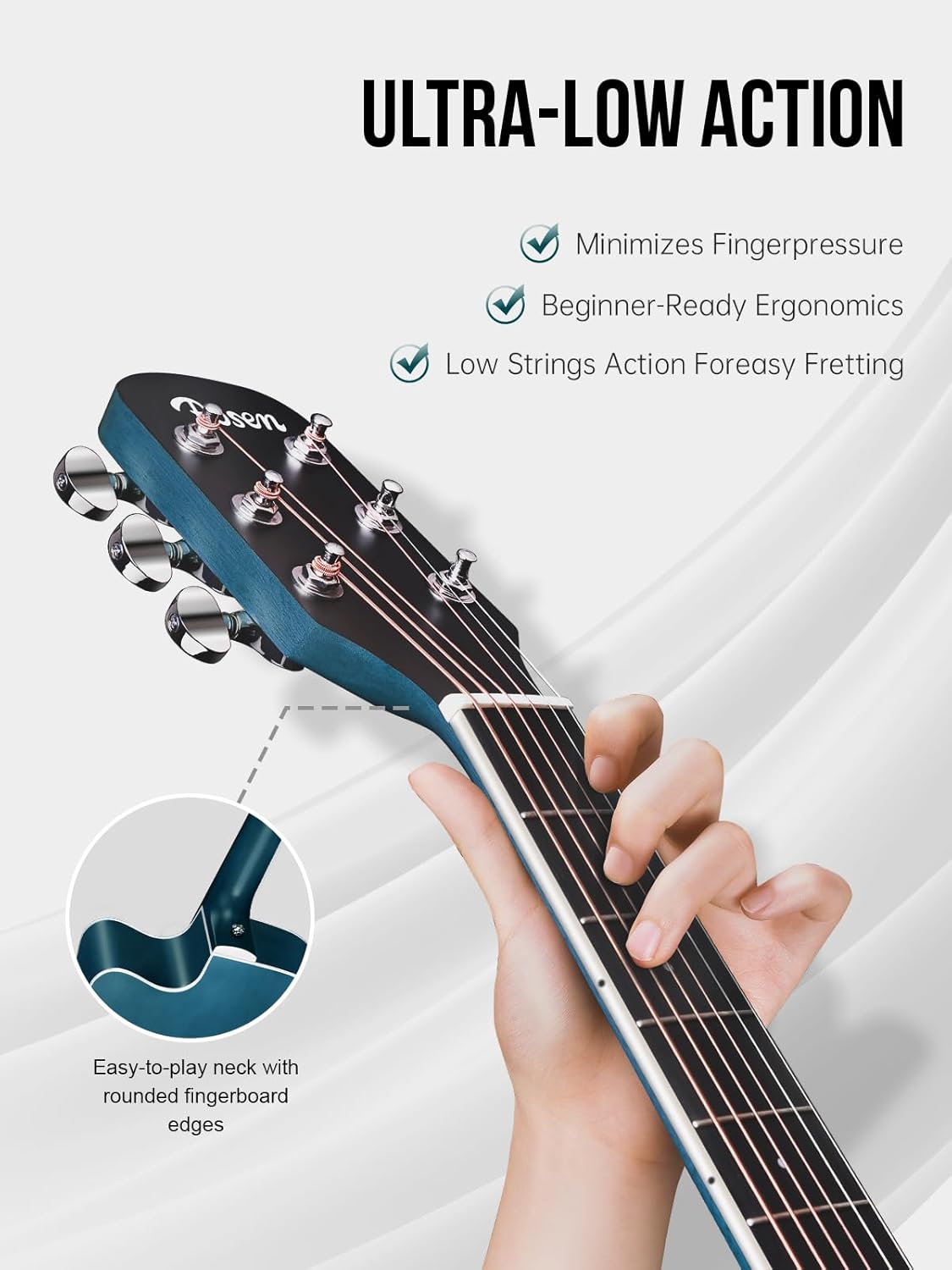 Rosen Solid Top Dreadnought Acoustic Guitar 41 Inches Spruce Guitar Beginner Bundle with Book, Padded Bag, Strings, Picks, Hexwrench, Strap, Polishing Cloth, Blue