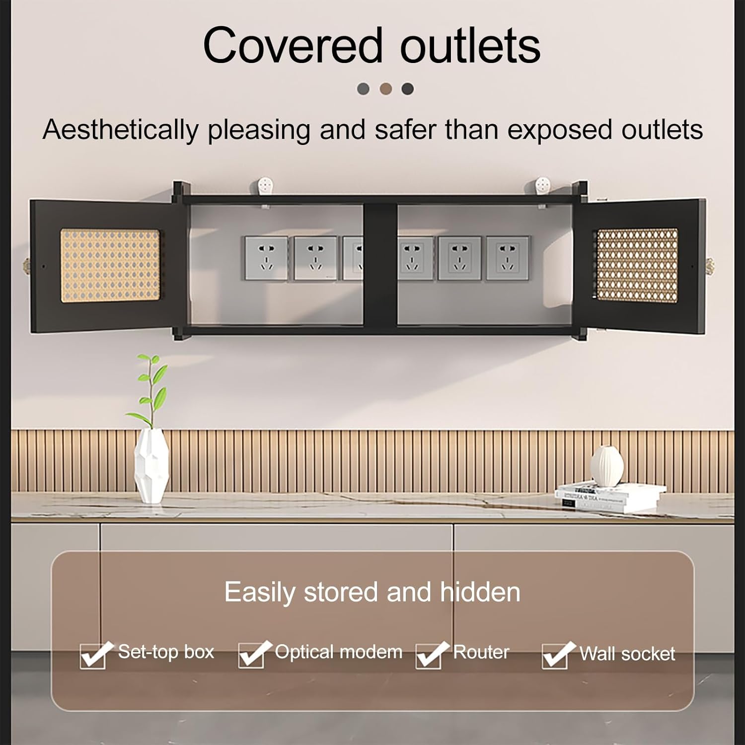 Wall-Mounted Rattan WiFi Router Shelf, Decorative Modem & Cable Organizer Box, Cable Power Plug Wire Storage Boxes, Invisible Storage Multi-Layer Shelves for Home(Black,60*11*23cm/24*4.3*9in)