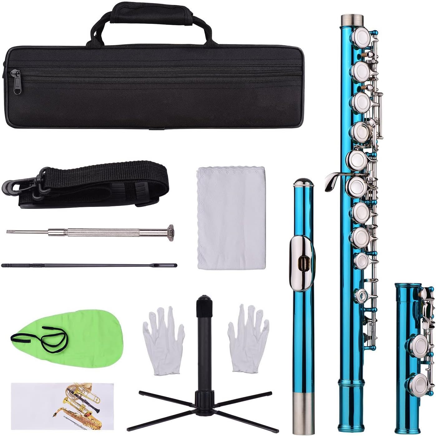 ZUZU Closed Hole C Flute 16 Keys Cupronickel Nickel- Plated Wind Instrument with Carry Case Flute Stand Gloves Cleaning Cloth Beginners Flute (Color : Blue Green)