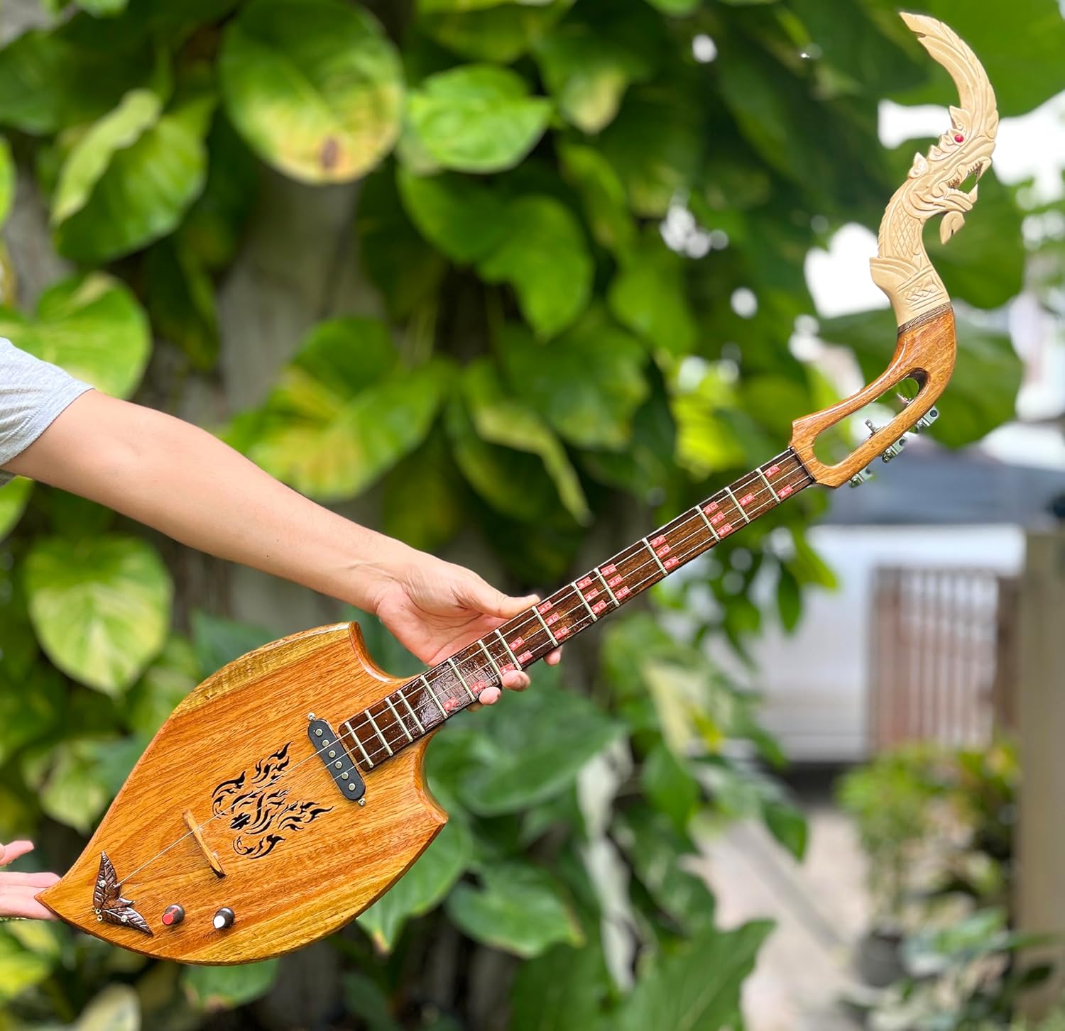 Isarn Acoustic Electric Phin 3 Strings, Thai Lao Asian Guitar Folk Musical Instrument, Traditional Thailand Musical Pin60