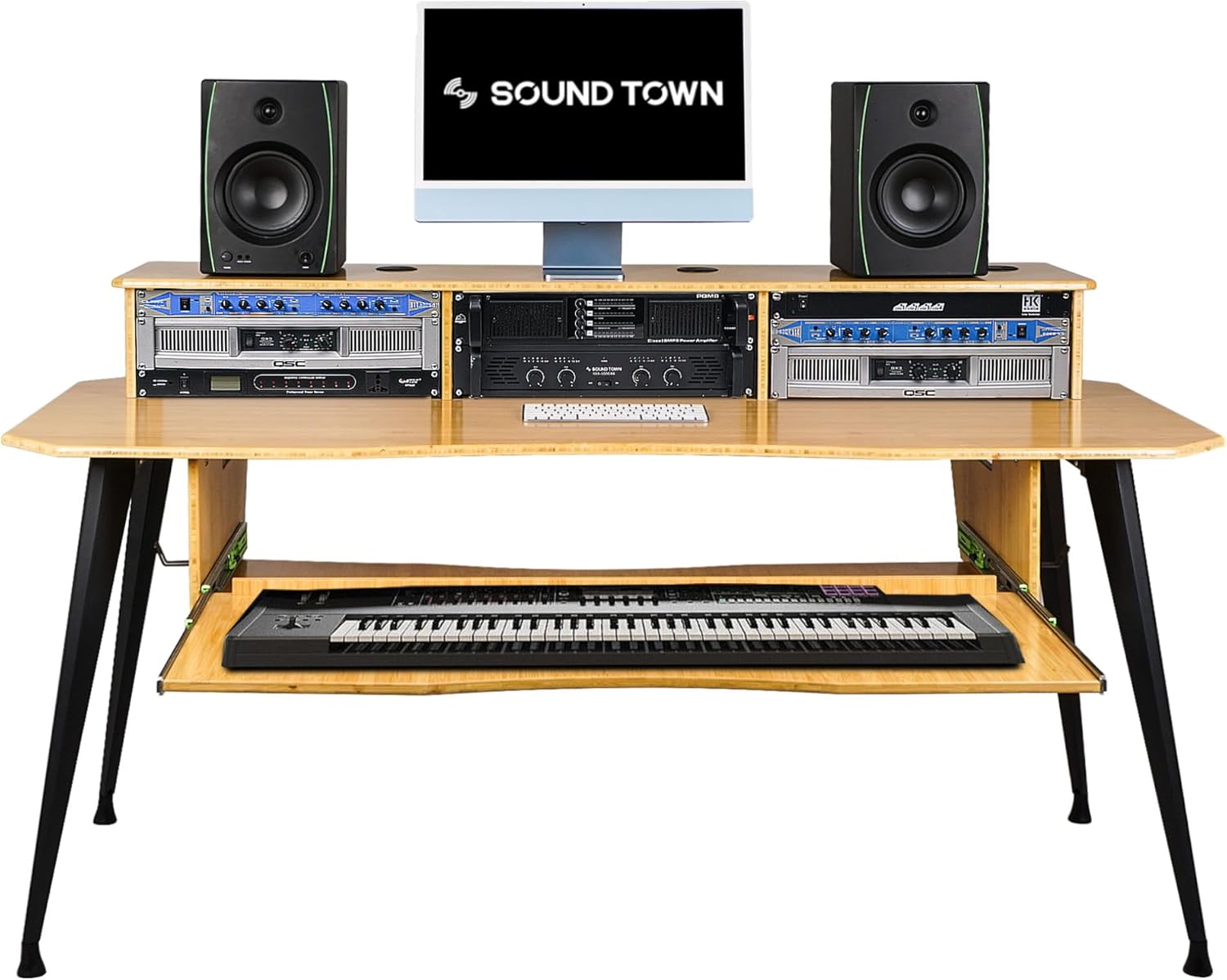 Sound Town DIY Music Studio Desk Workstation Furniture, 3x4U Rack Space & Top Shelf, Sliding Piano Keyboard Tray, Carbonized Bamboo (SDRK-SDF2CB)
