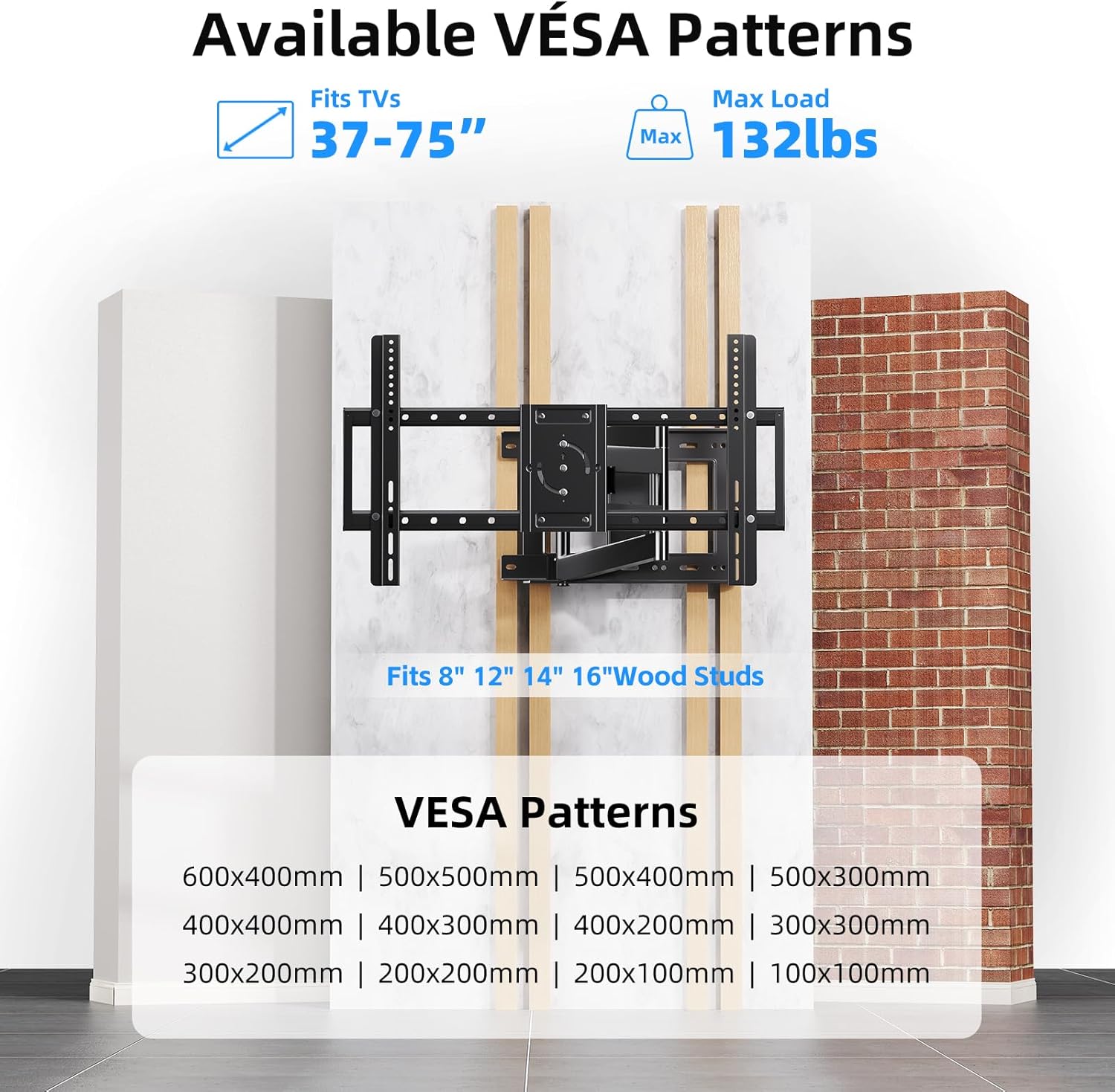 Long Arm TV Wall Mount with 180°Swivel and Tilt +5/-20° Level Adjustment, TV Bracket Screen with Rotates 90° for TVs 37-75 Inches，Fits 8