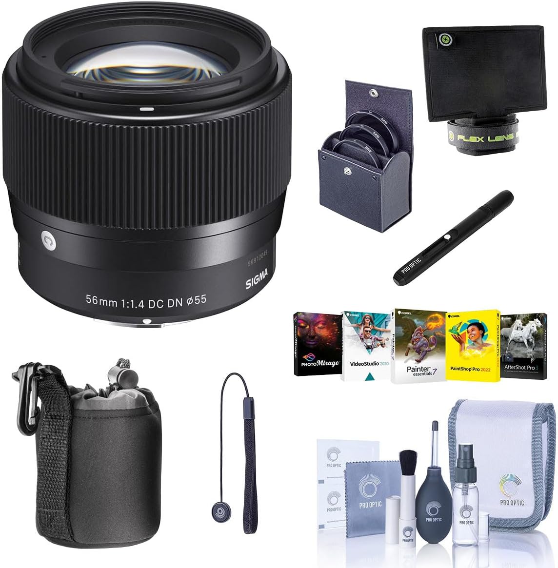 Sigma 56mm f/1.4 DC DN Contemporary Lens for Micro Four Thirds, Bundle with Filter Kit, Cleaning Kit, PC Software Kit, Lens Cap Tether, Lens Cleaner, Flex Lens Shade, Pouch