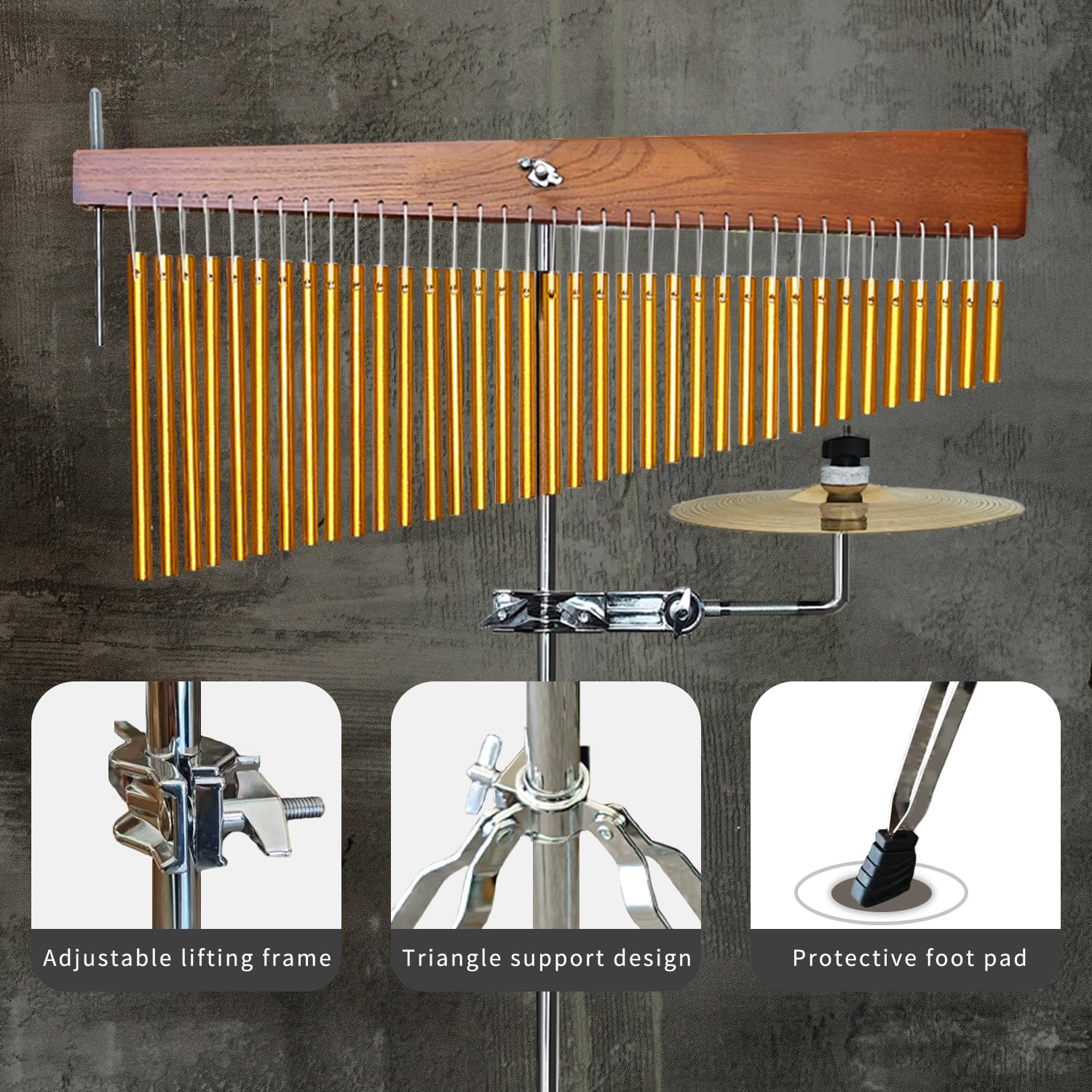 Adjustable Height Wind Chime Single-row Percussion Chime wtih Collapsible Tripod Stand Bar Chime for Class Yoga (36 Note Chime with Cymbals)