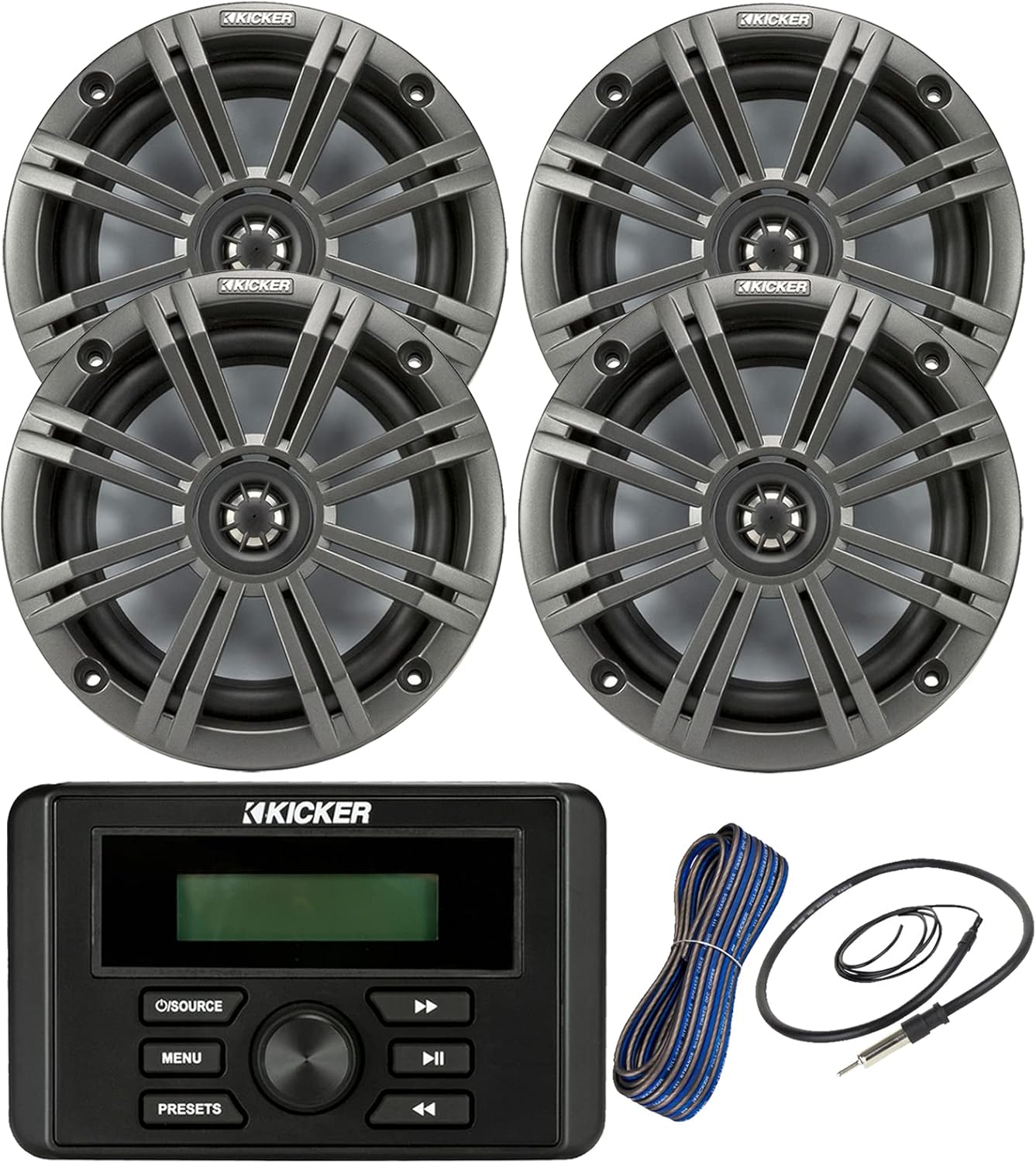 Kicker Weather-Resistant Marine Bluetooth USB RCA Stereo Receiver Bundle Combo with 2 Pair (QTY 4) 6.5