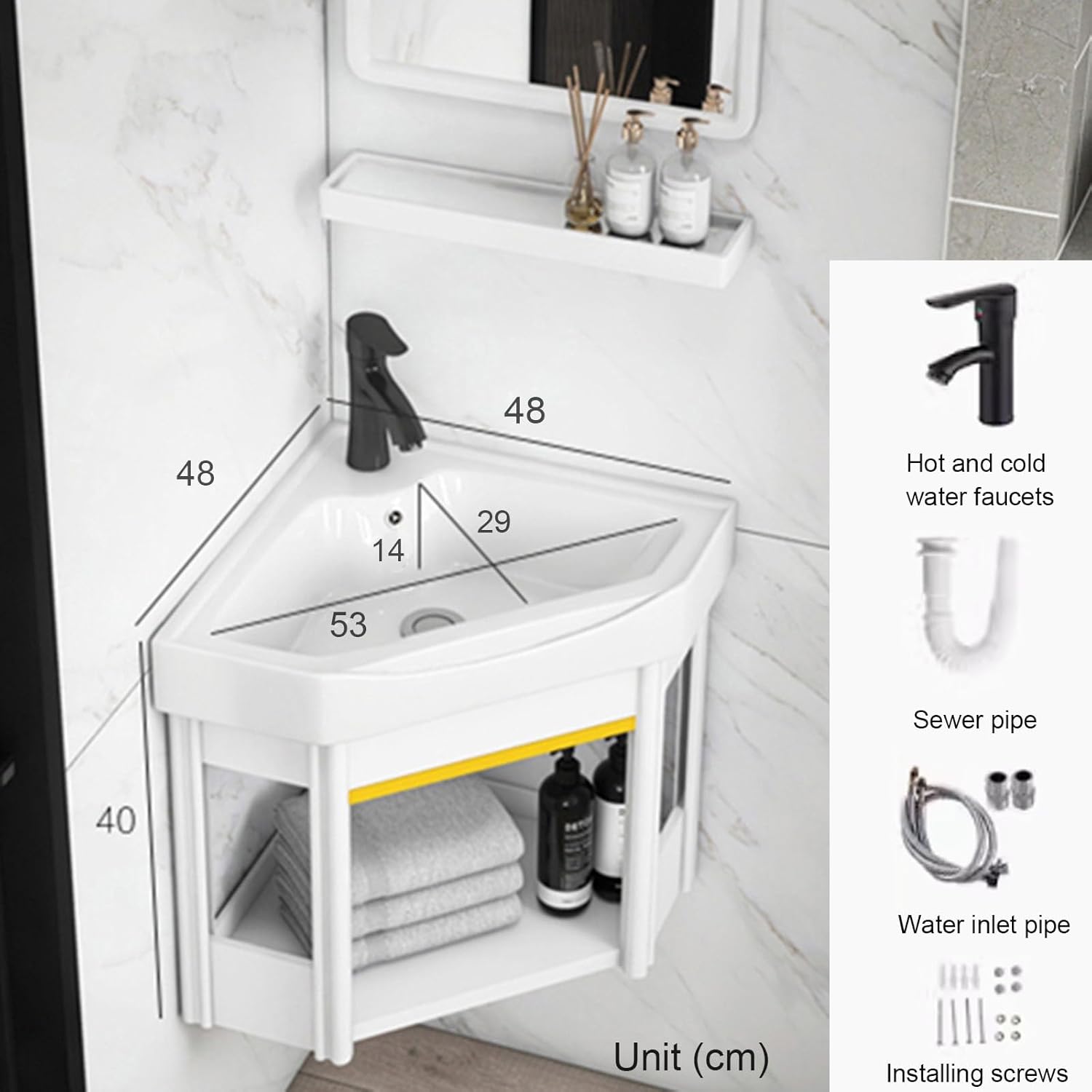 Small Wall Mount Corner Sink, with Storage Cabinet, Easy to Install, Space-Saving Wall-Mounted Wash Basin for Compact Bathrooms (White 48x48x40cm)