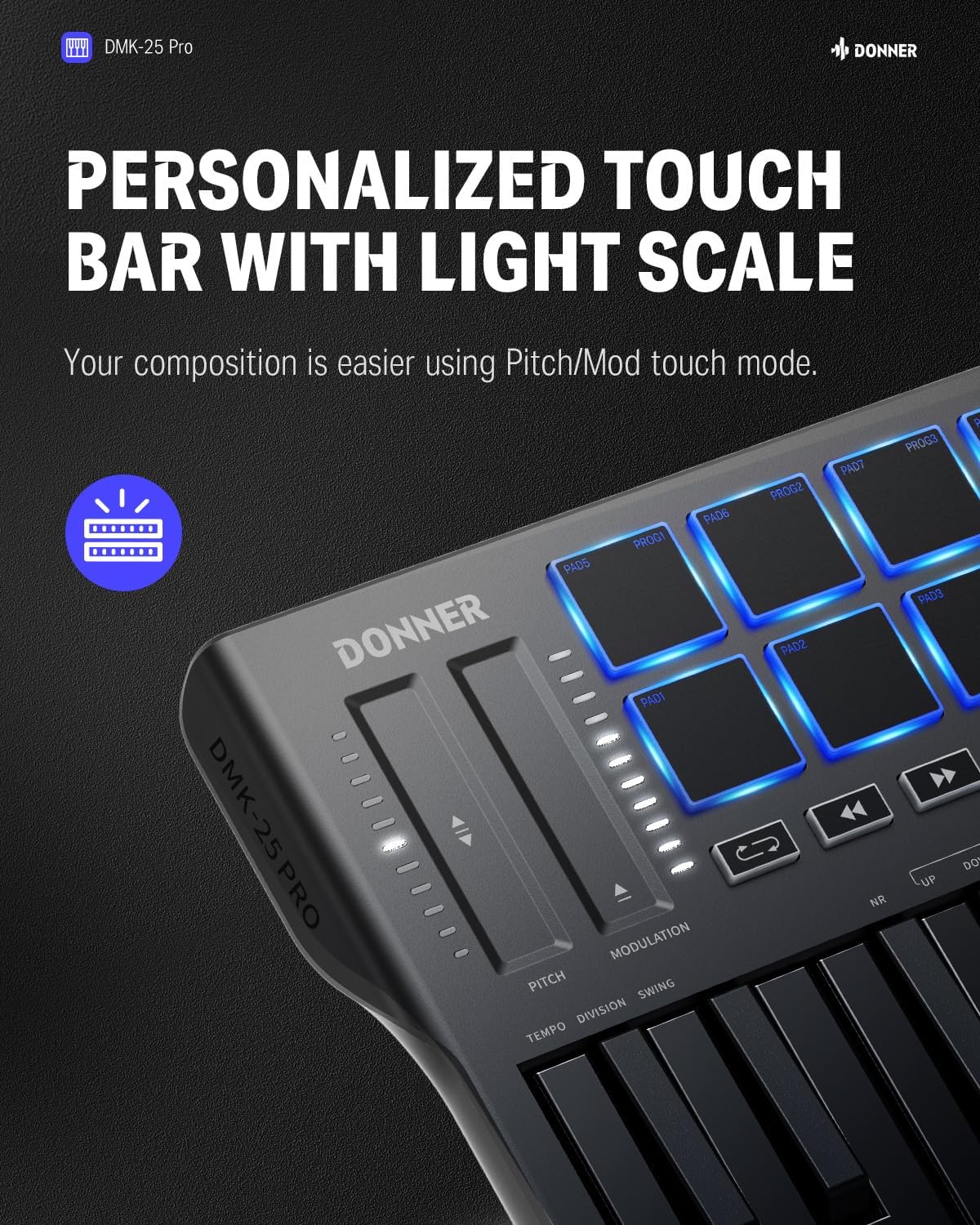 Donner USB-C MIDI Keyboard Controller, 25 Key Portable Mini MIDI Keyboard with 8 Drum Pads, OLED Display, 16 Smart Scales, Arpeggio, Replay, 4 DAW Software and 40 Teaching Courses, DMK 25 Pro Black