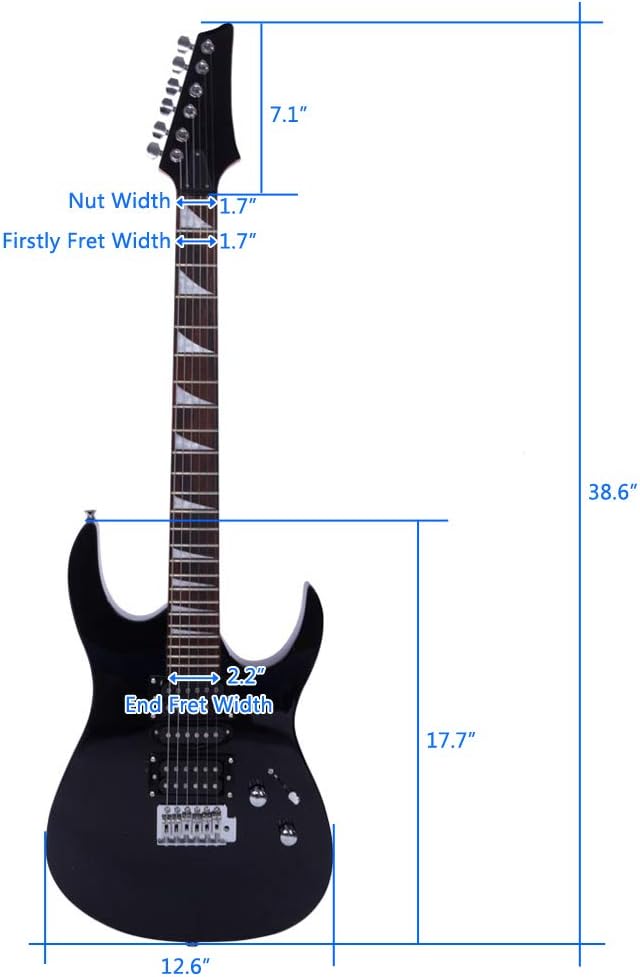 Dorill Black Electric Guitar Package, Full-Size, 24 Fret Rosewood Fretboard, Sawtooth Inlays, Maple Neck, with Gig Bag, Strap, Instrument Cable, Pick, and Whammy Bar