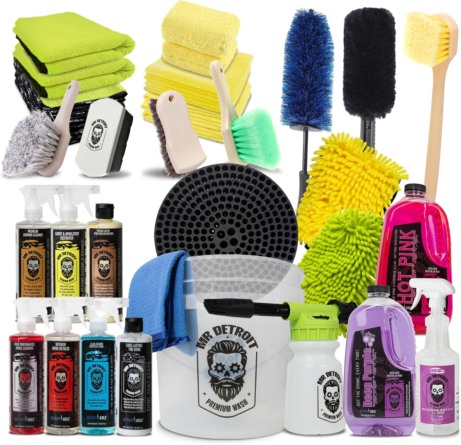 Mr. Detroit - 29pc Car Wash Kit Foam Blaster, Car Care Cleaners, Bucket w/Filter, Towels, Wash Gloves, Wheel Tire Brushes, Leather Conditioner, Sponge Pads, Exterior Interior Detailing for Vehicles
