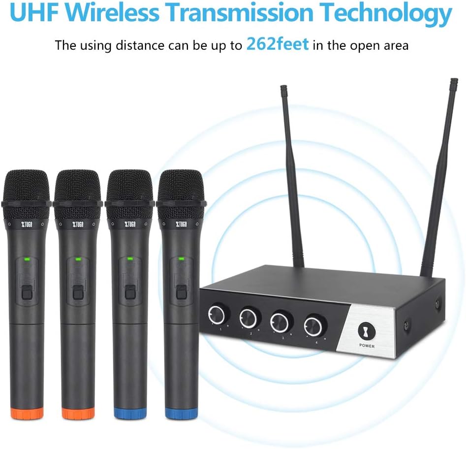 XTUGA S400 Wireless Microphone System, 4-Channel UHF Cordless Mic Set with Four Handheld Mics, Fixed Frequency, Long Range 260ft, Ideal for Church,Karaoke,Weddings, Events