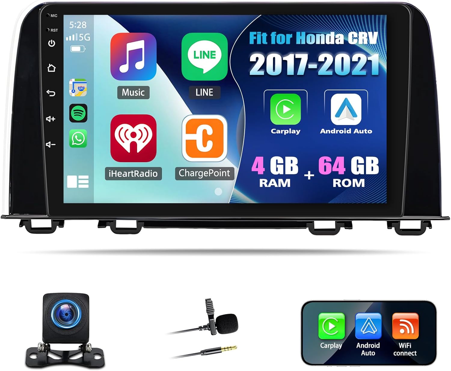 4+64G Android 14 Car Stereo Compatible with Honda CRV 2017-2021 Radio Upgrade 9 Inch Touch Screen with Wireless Carplay Android Auto AHD Backup Camera Mirror Link GPS SWC WiFi FM