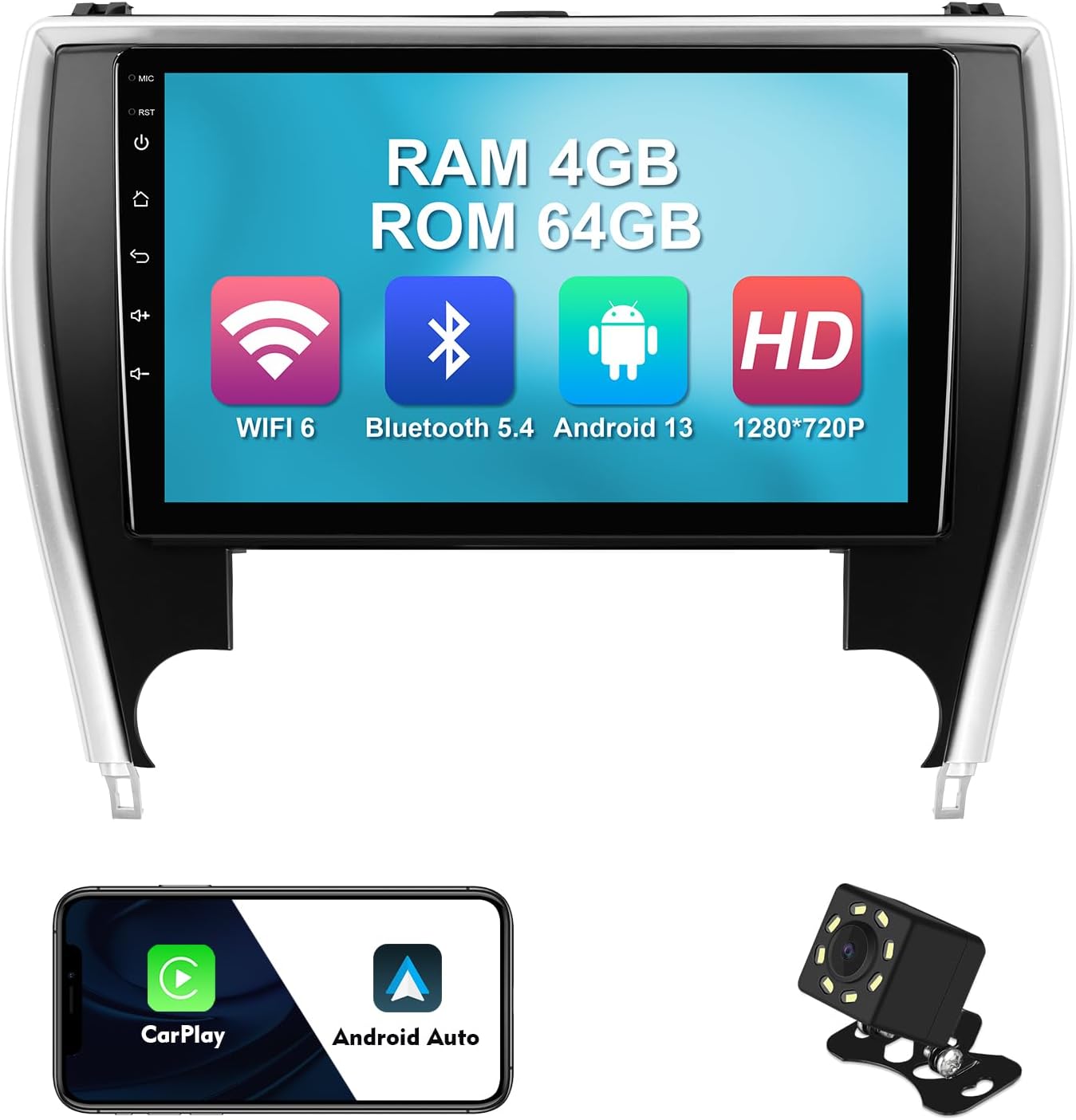 4+64G 10.1-inch Android 13 WiFi 6 Car Stereo for Toyota Camry 2015-2017 IPS Touchscreen Screen Bluetooth 5.4 Car Radio with Carplay & Android Auto Support Backup Camera FM Navi SWC