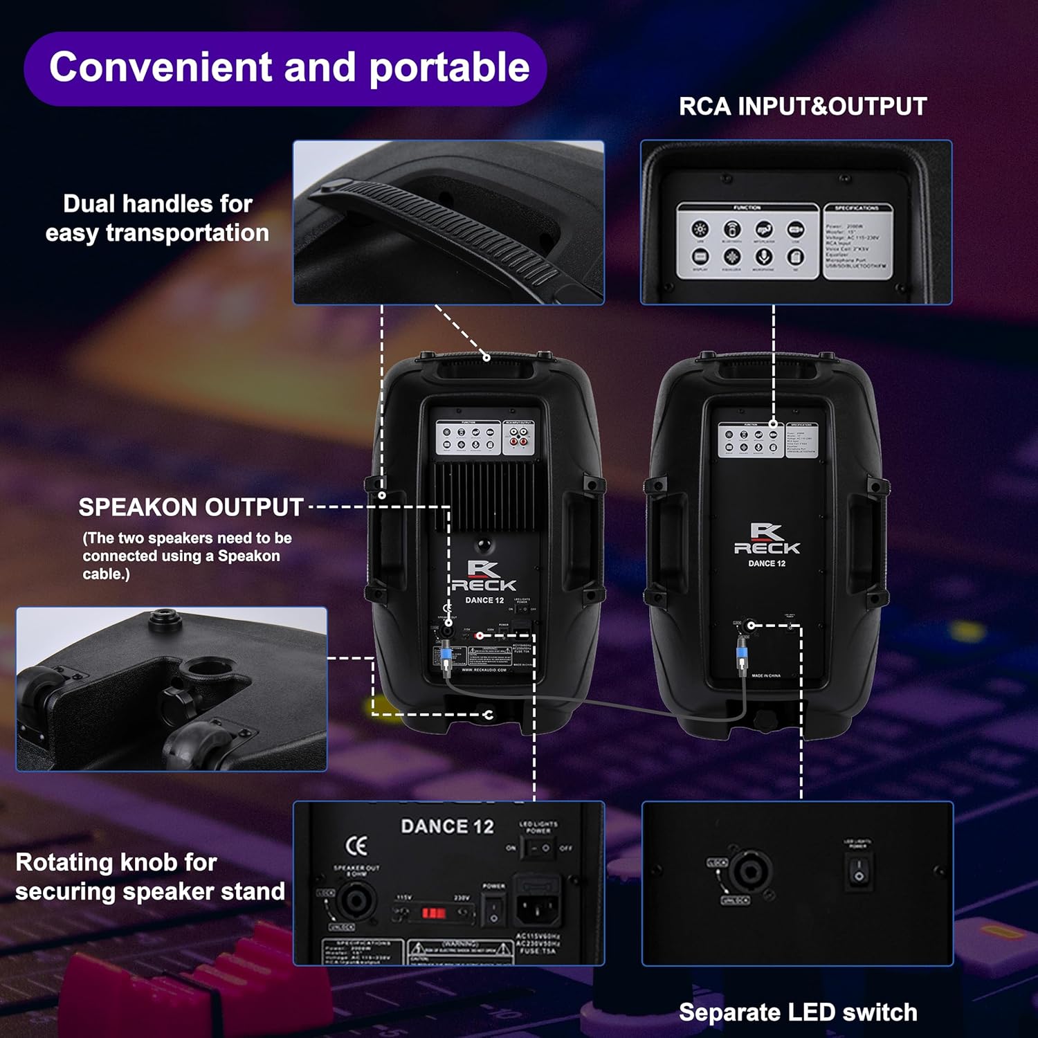 PRORECK Dance 12 Portable 12-Inch 1000 Watts 2-Way Powered PA Speaker System Combo Set with Bluetooth/USB/SD Card Reader/FM Radio/Remote Control/Speaker Stand for Party DJ Wedding Meeting