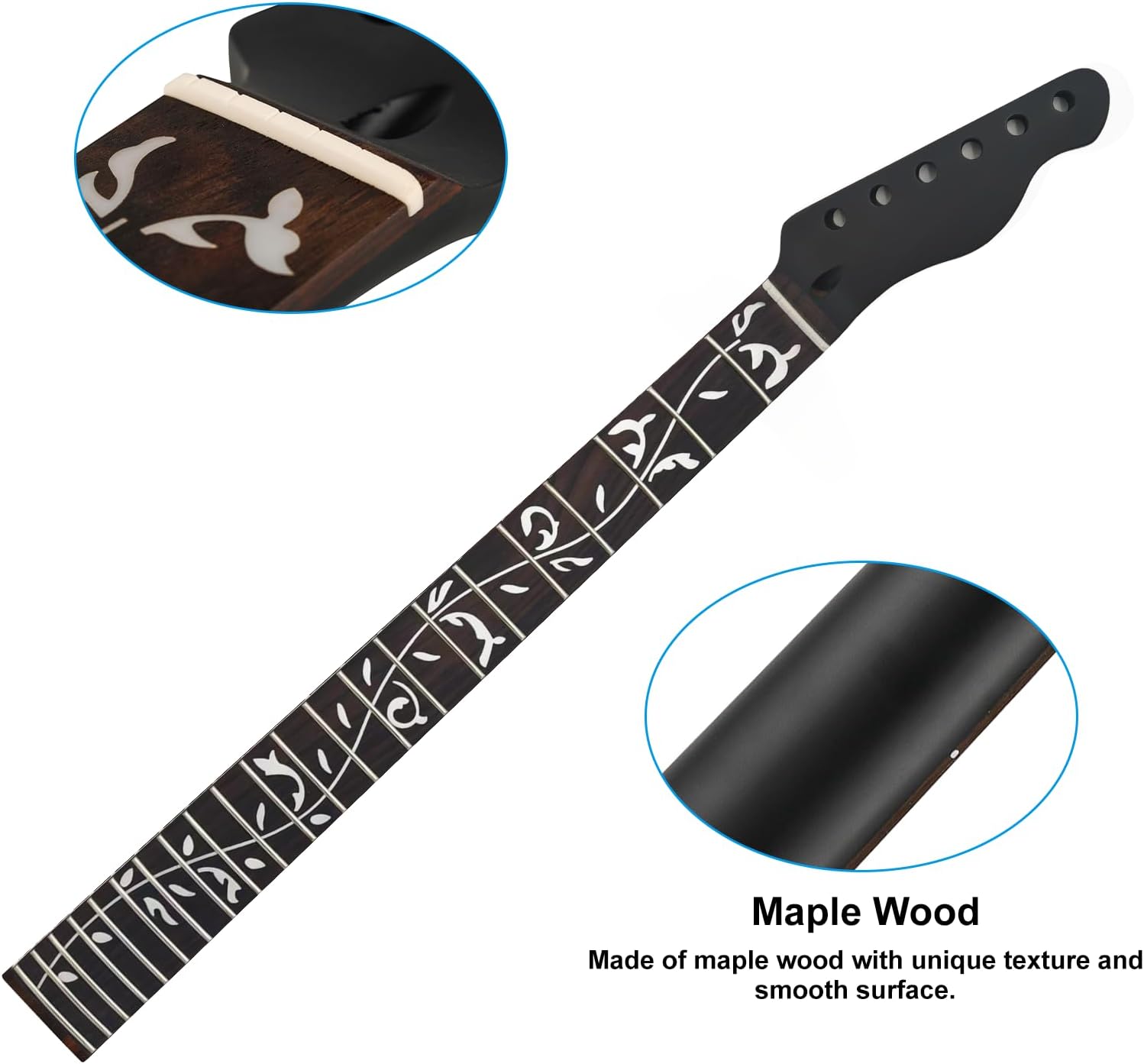 22fret Black Matte TL Electric Guitar Neck Canadian Maple,Cow Bone Nut, Rosewood Carved Tree of Life Fretboard