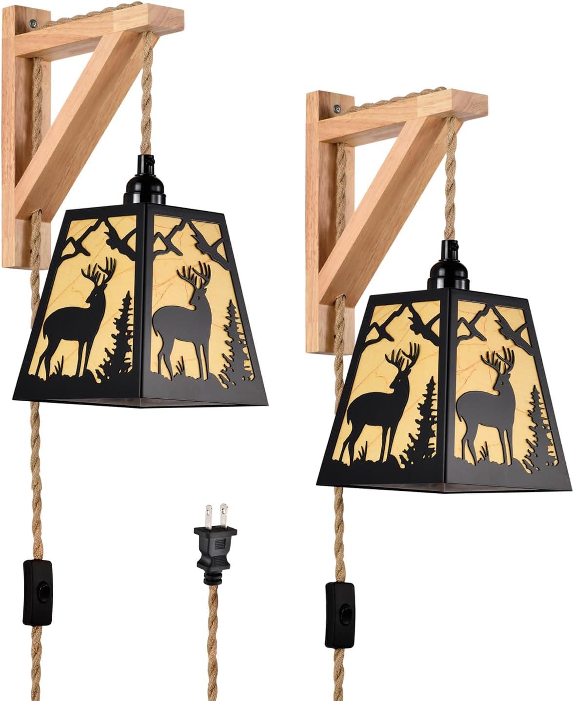 Wall Lamp Plug in,Deer Metal Wood Shelf Bracket Rustic Wall Sconces,Parchment Shade Farmhouse Wall Sconces Set of Two,Vintage Wall Mount Lights That Plug in,Wall Lamps for Living Room,Bedroom