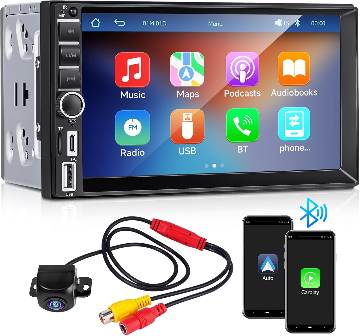 Double Din Car Stereo with Wireless Apple CarPlay & Android Auto, 7