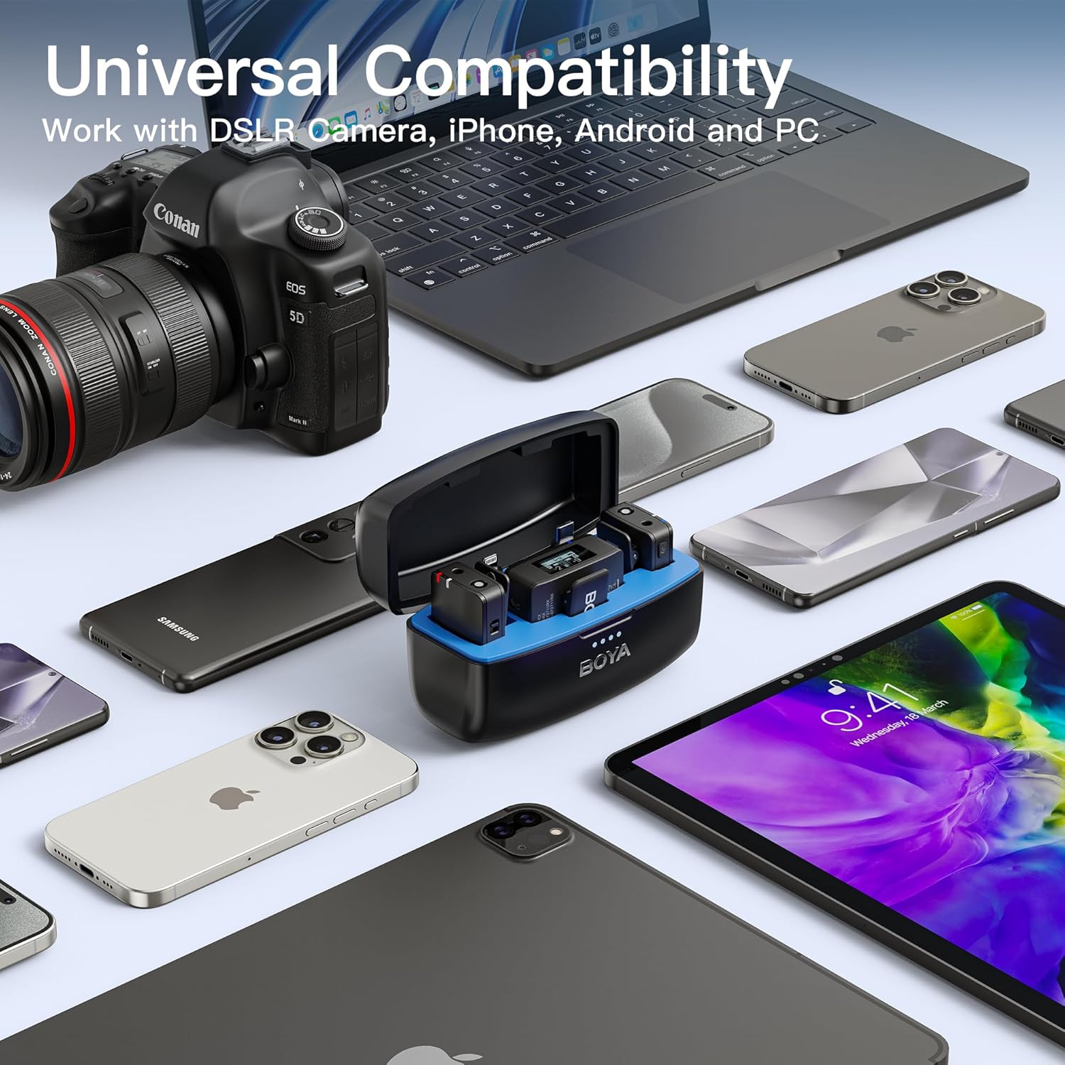 BOYAMIC Wireless Lavalier Microphone for iPhone Android Tablets Camera,Onboard Recording,984ft Range, 10h Battery Life with Charging Case, Clip on Wireless Lapel Mic for Live Streaming Video Recording