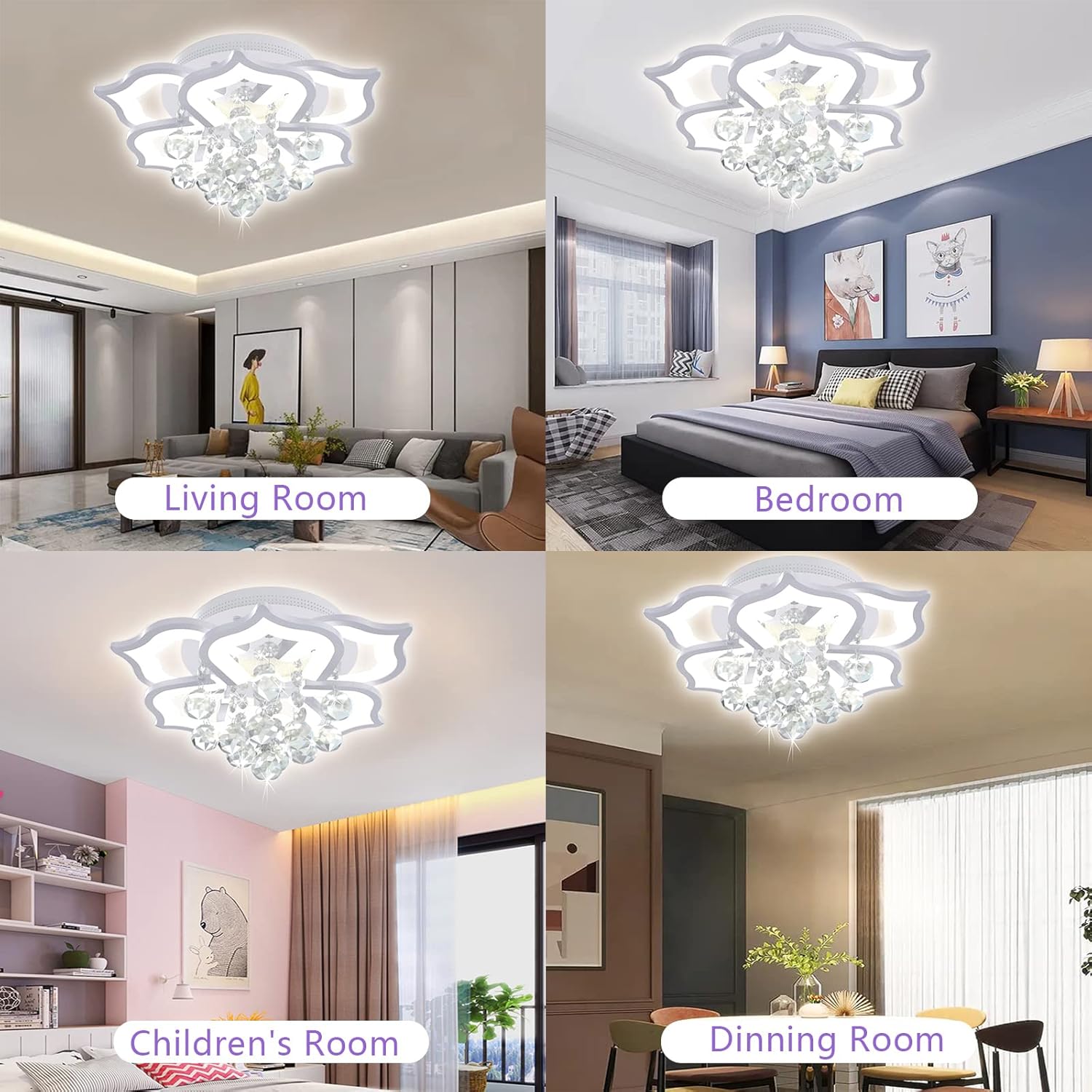 Modern Led Ceiling Light,24w Crystal Petal Flush Mount Chandelier Ceiling Flower Lamp with Remote Control for Living Room,Bedroom,Dining Room,Hall,Etc.3+3 Heads……
