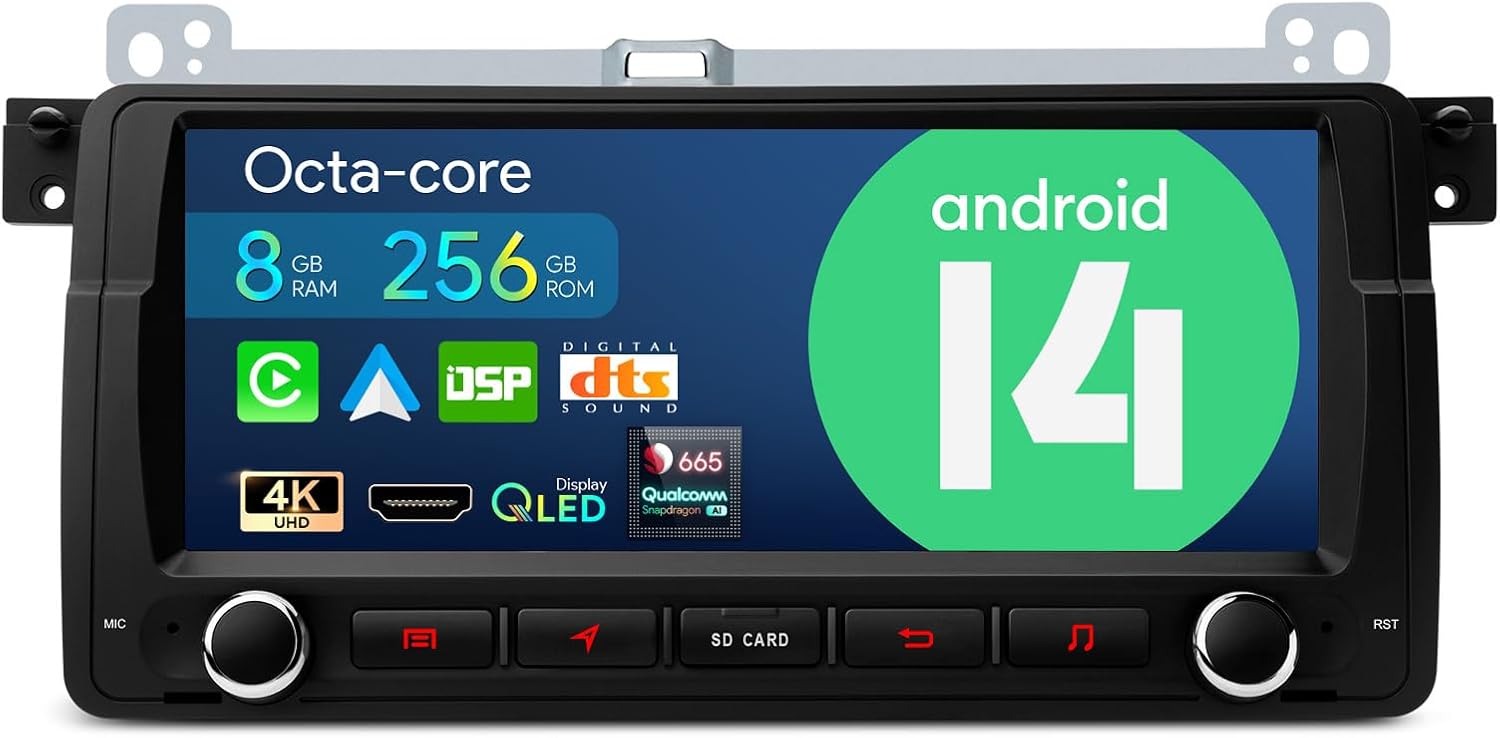 XTRONS Single Din Car Stereo for BMW E46 M3 Rover75, Android 14 Octa Core 8GB+256GB, 8.8 Inch QLED Touch Screen GPS Navigation Bluetooth Head Unit DSP CarPlay Android Auto