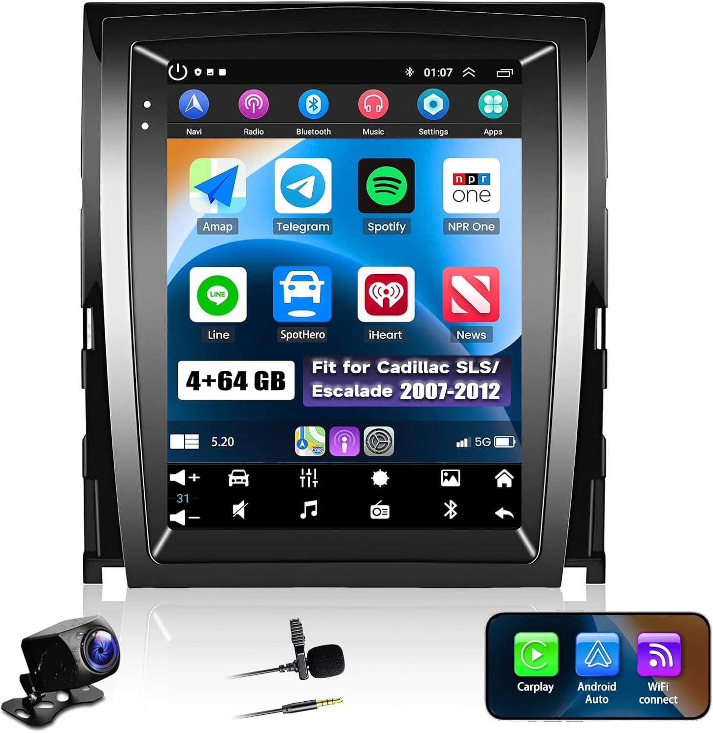 4+64G Android 14 Car Stereo Compatible with Cadillac SLS/Escalade 2007-2012 Radio Upgrade 9.7 Inch Touch Screen with Wireless Carplay Android Auto AHD Backup Camera Mirror Link GPS SWC WiFi