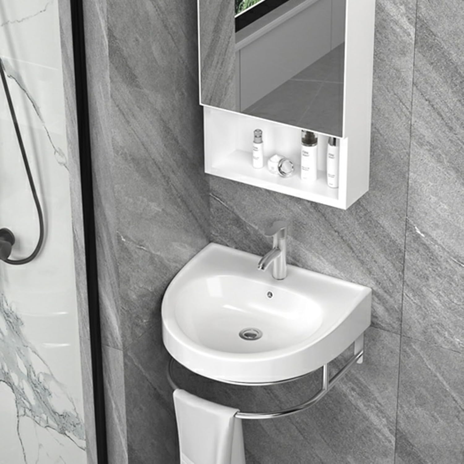 Small Wall Mount Corner Sink, Ceramic Sink,Wall Mounted Sink, White Wall Hung Bathroom Sink Mini Vanity Vessel Sink with Faucet Hole and Overflow,for Small Space