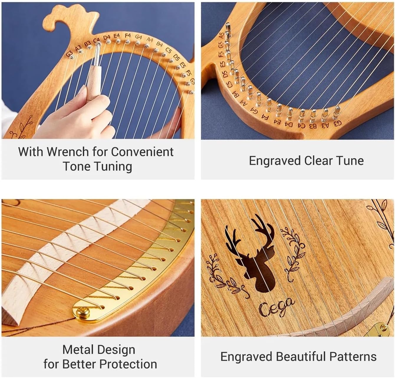 Lyre Harp Set 16 Strings Lyre Harp Mahogany Wood Harp Piano Stringed Musical Instrument With Tuning Wrench Spare Strings(16 Wood)