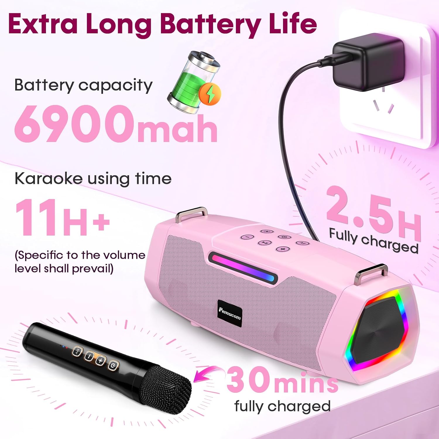 Karaoke Machine with Two Wireless Microphones - Portable 60W Powerful Bluetooth Speaker, Long Battery Life for Outdoor & Family Party, RGB Lights, PA System for Girls, Young Women - Pink