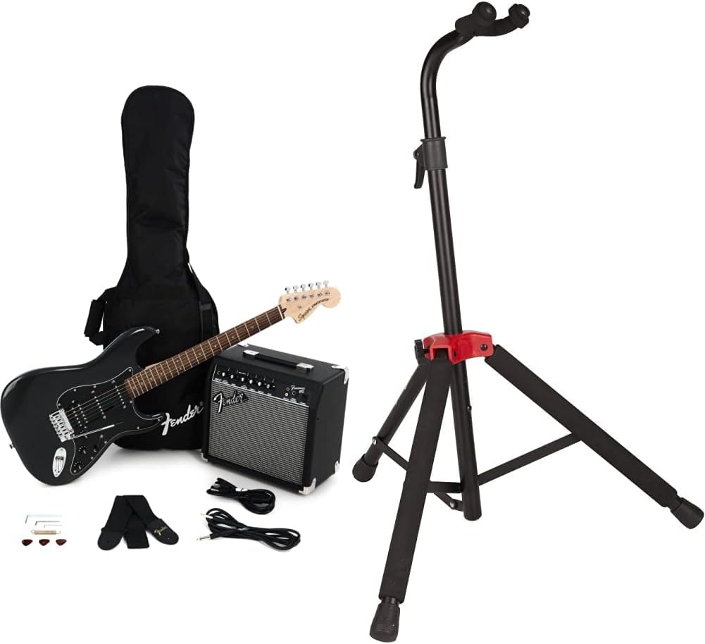 Squier by Fender Affinity Series Stratocaster Pack, HSS, Laurel Fingerboard, Charcoal Frost Metallic & Deluxe Hanging Guitar Stand