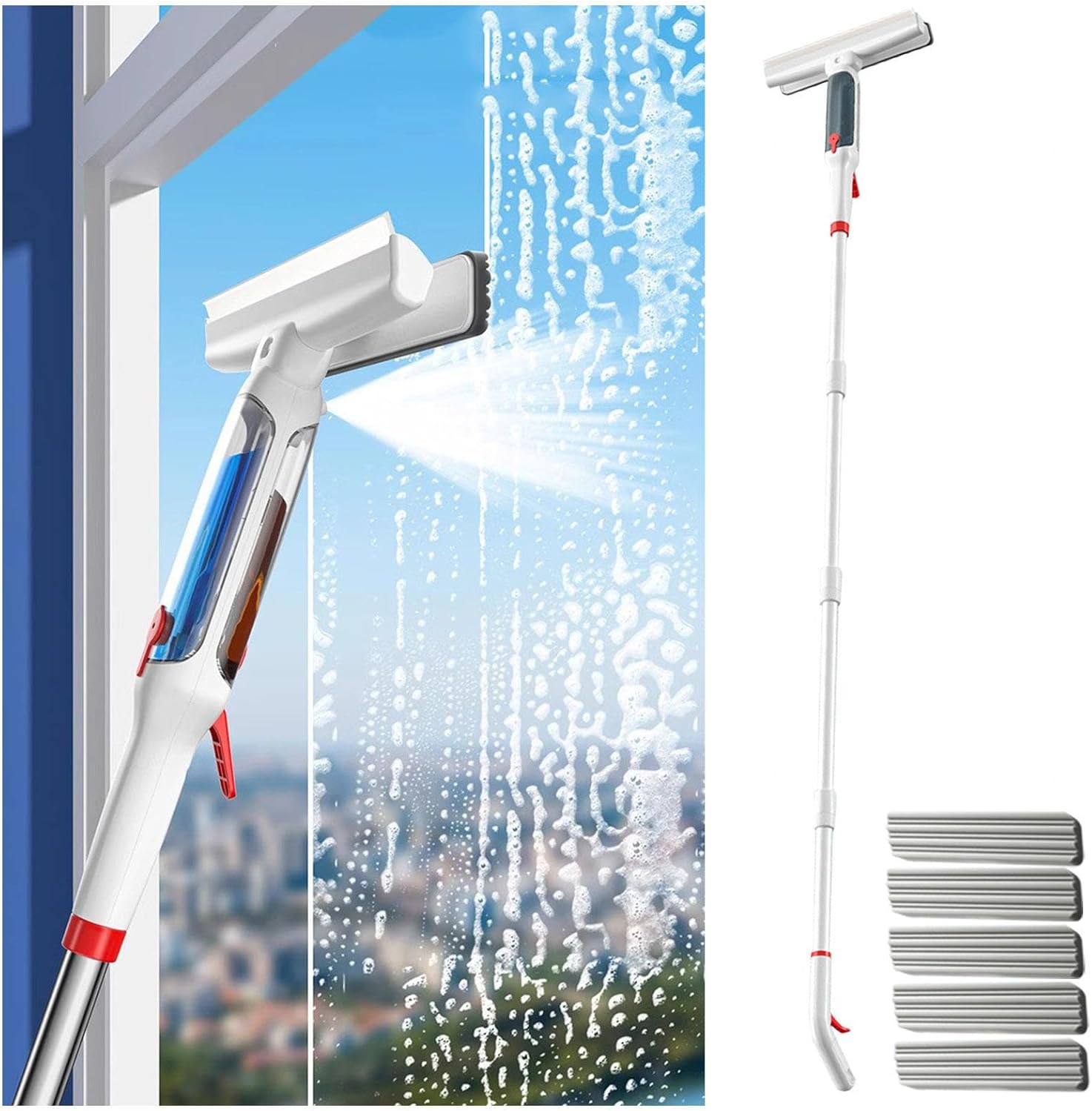 75'' Spray Window Washing Kit with 4-Section Extension Pole, 4 in 1 Window Cleaner Squeegee Window Squeegee with Sewage Collector and 5 Pads