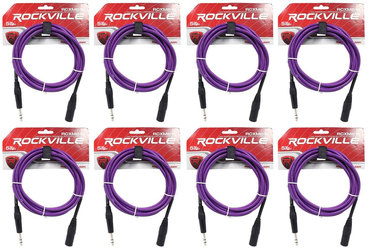 Rockville (8 RCXMB10P 10' Male REAN XLR to 1/4'' TRS Cable Purple 100% Copper