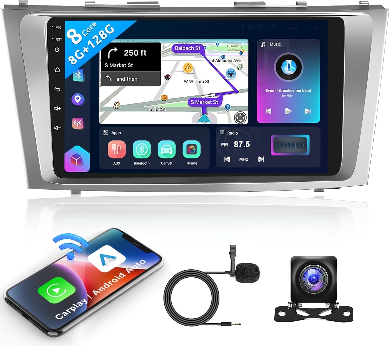 8-Core 8+128G Android Car Radio Stereo for Toyota Camry 2006-2011 with Wireless Carplay Android Auto, 9 Inch QLED Touch Screen, WiFi/4G, GPS Navi, DSP/Hi-Res, AM/FM, Bluetooth 5.0, Backup Camera